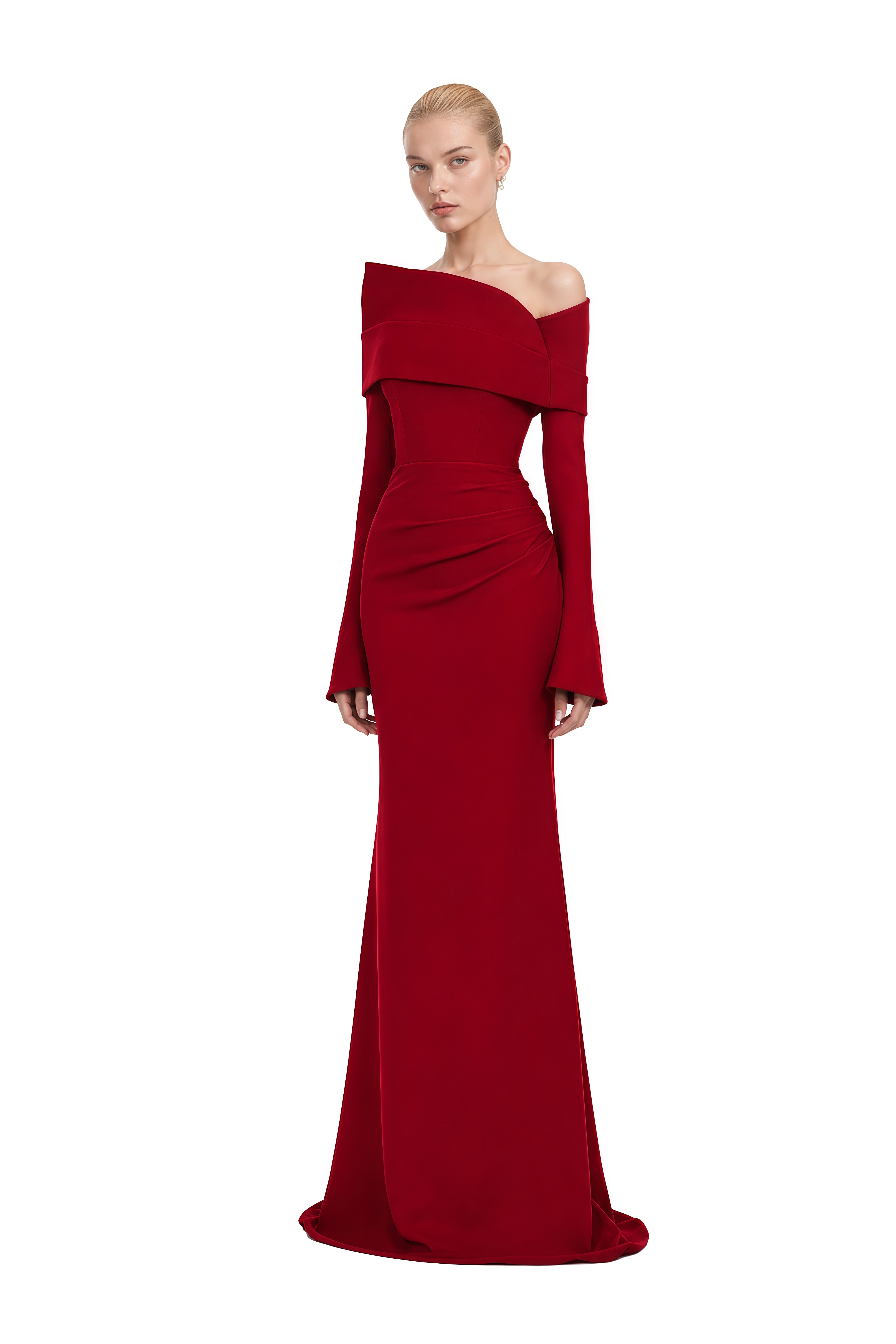 Viola Red Long Sleeves Asymmetrical Maxi Dress 