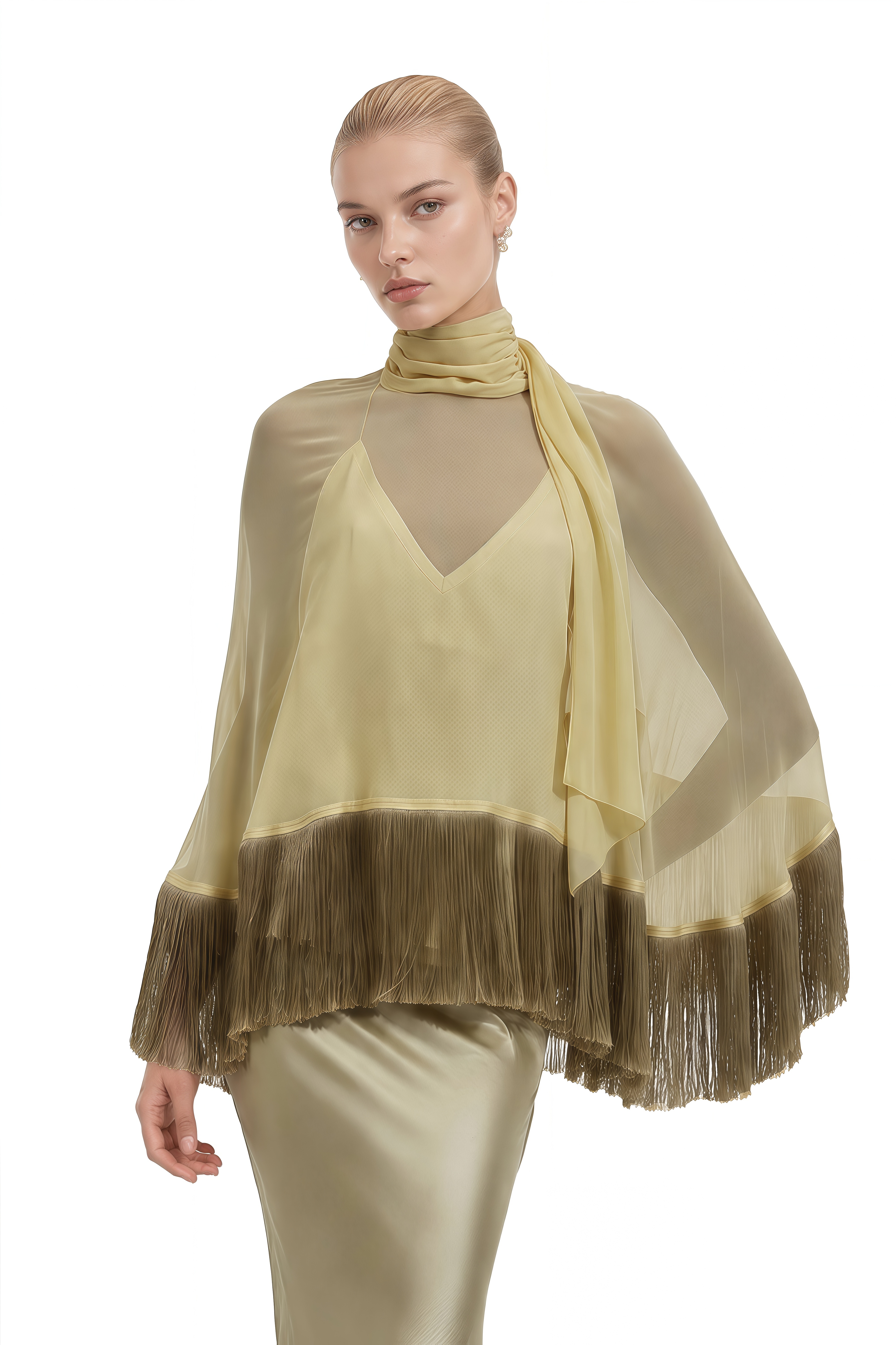 Alexandra Light Yellow Cape Fringe-Trim Top & Skirt Set