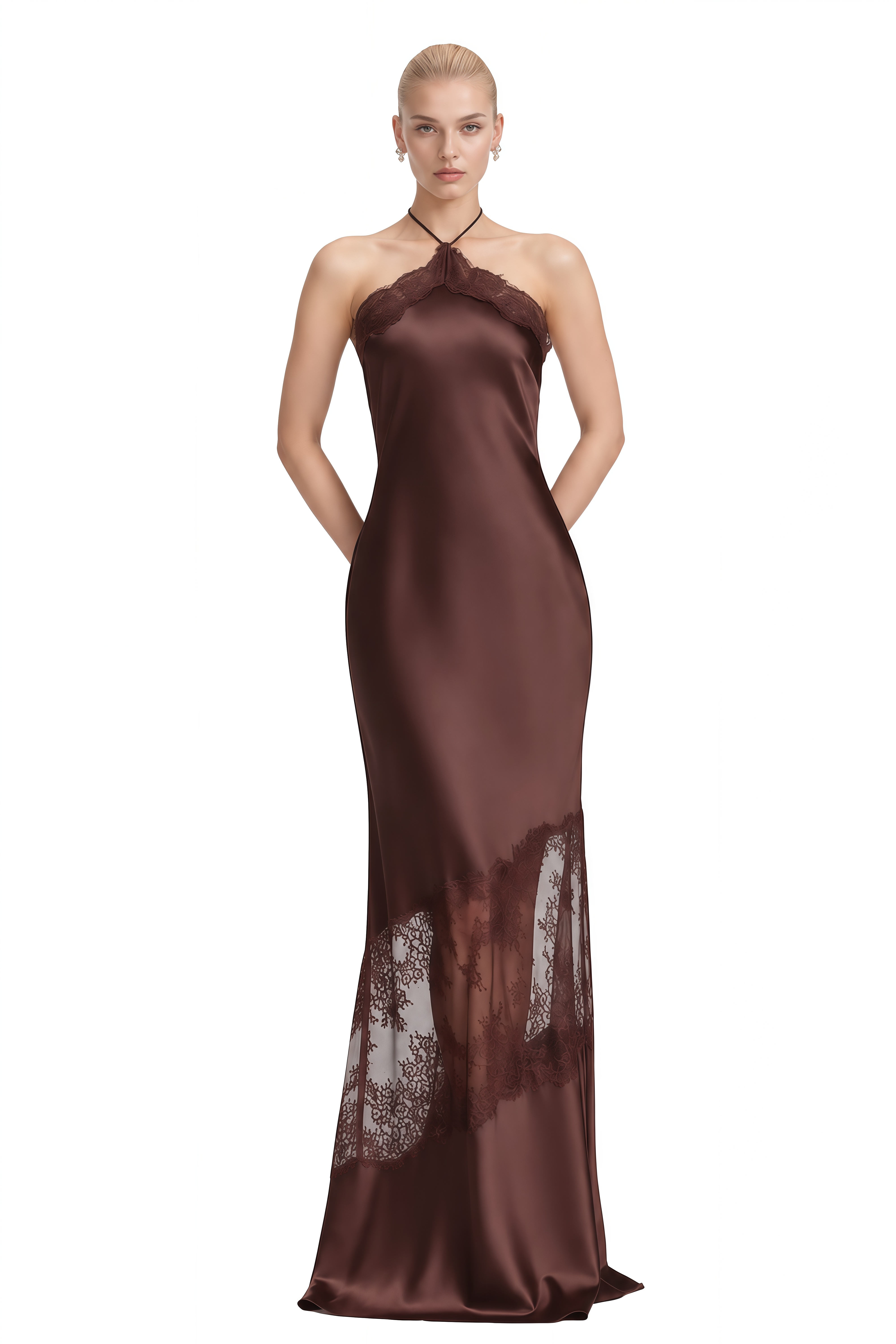 Sylvia Dark Brown Halterneck Lace Maxi Dress