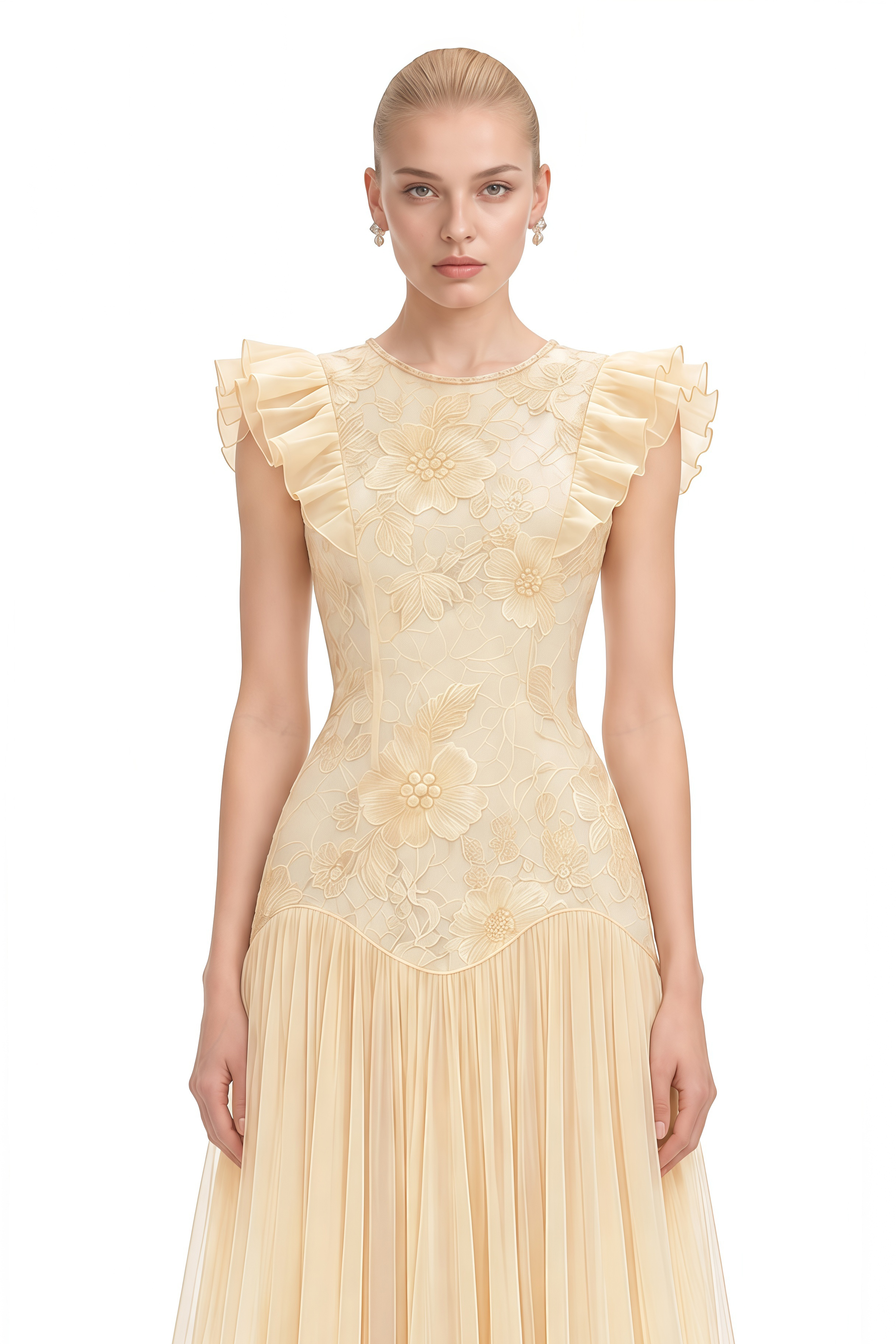 Manon Yellow Round Neck Pleated Midi Dress