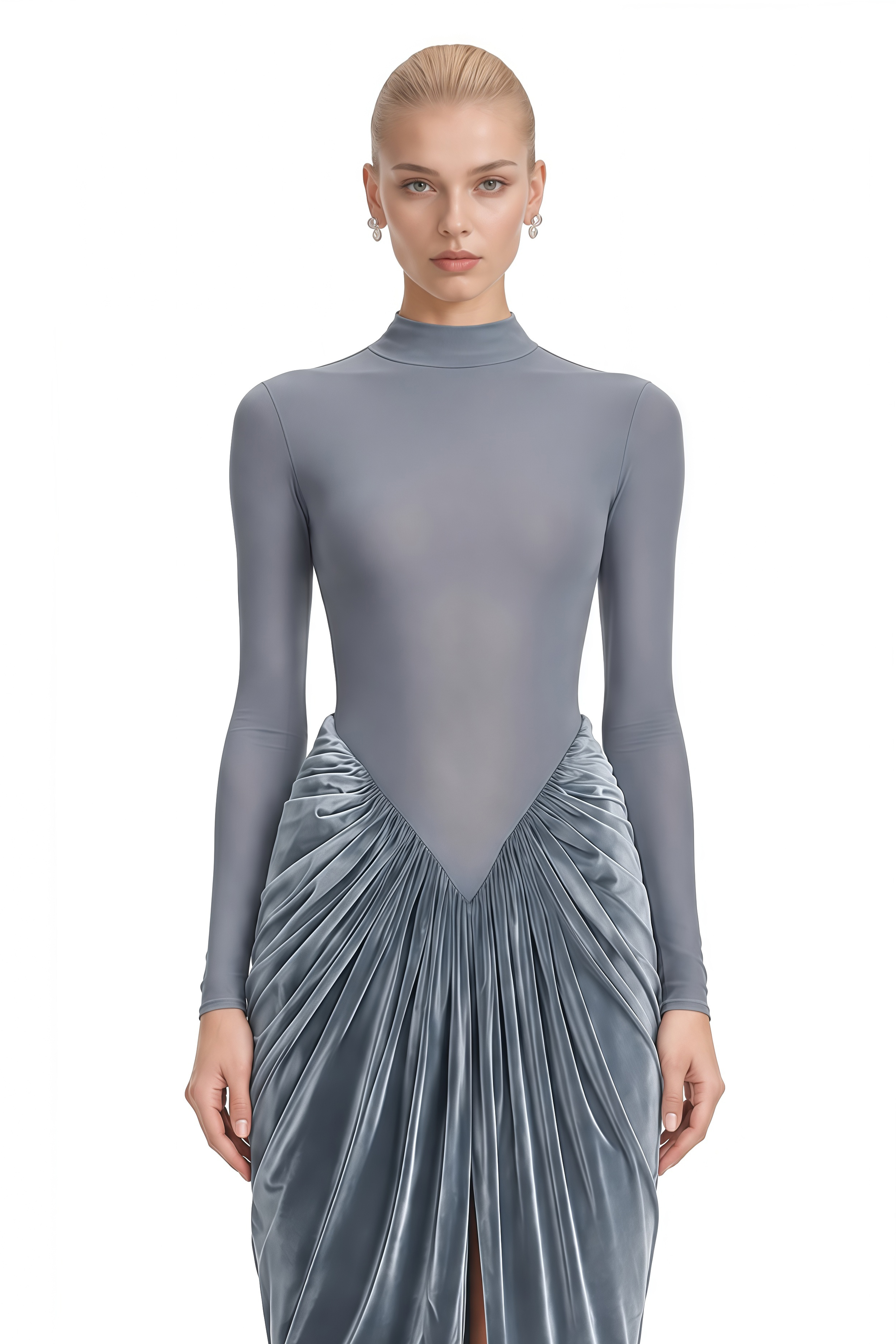 Theodora Grey Turtleneck Velvet Maxi Dress