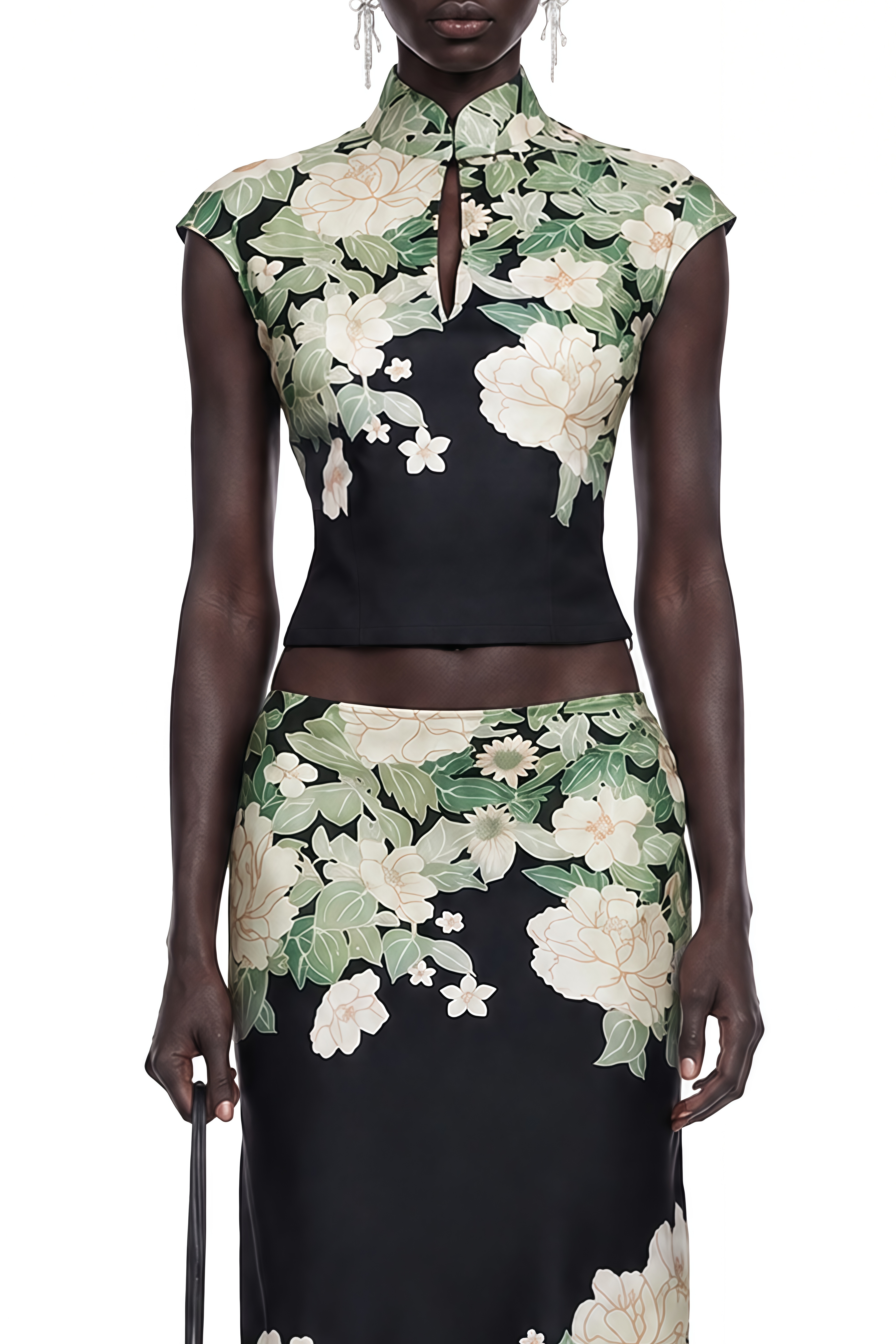 Rosalind Black Turtleneck Floral Print Top & Skirt Set