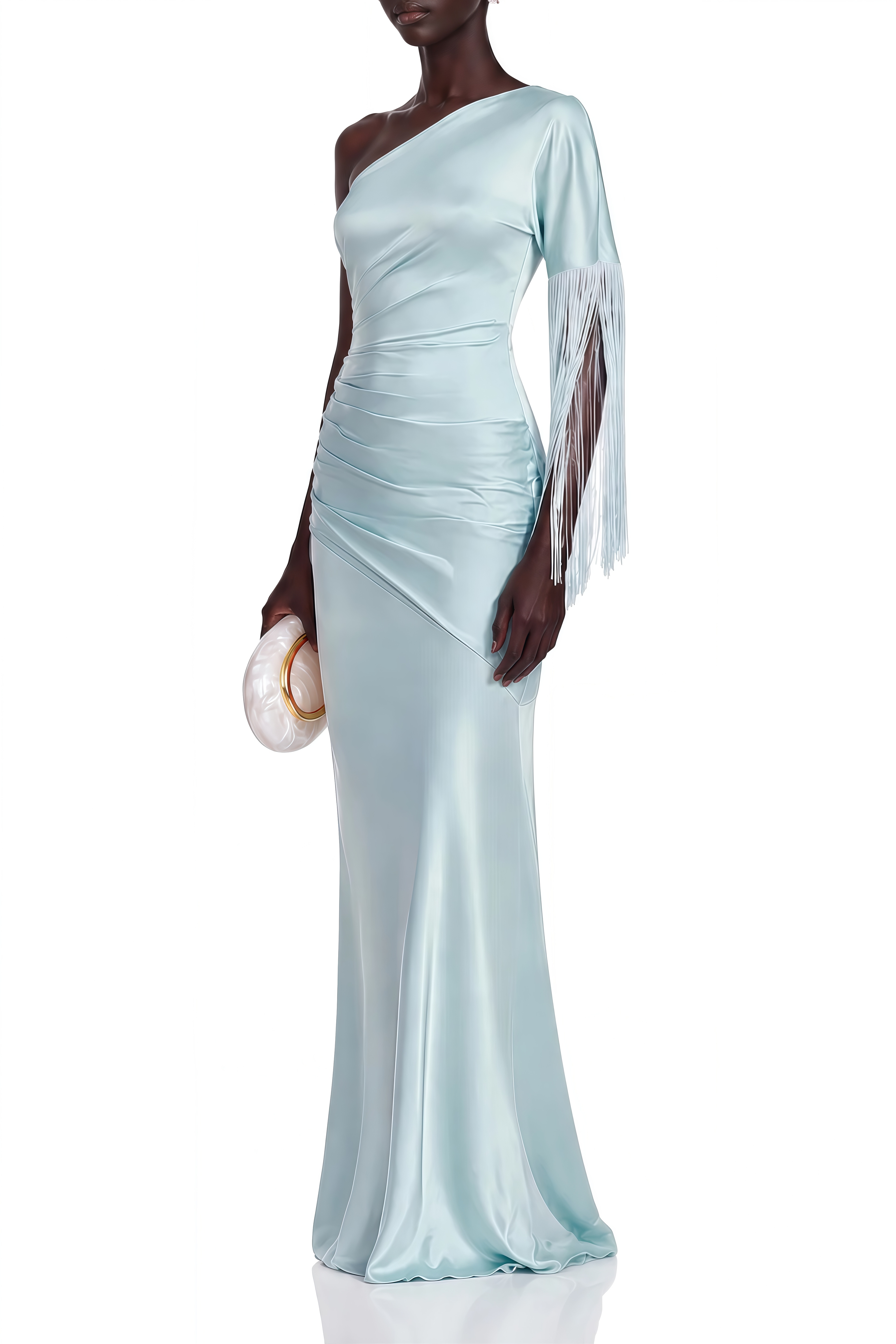 Nerissa Light Blue One Shoulder Fringe Maxi Dress