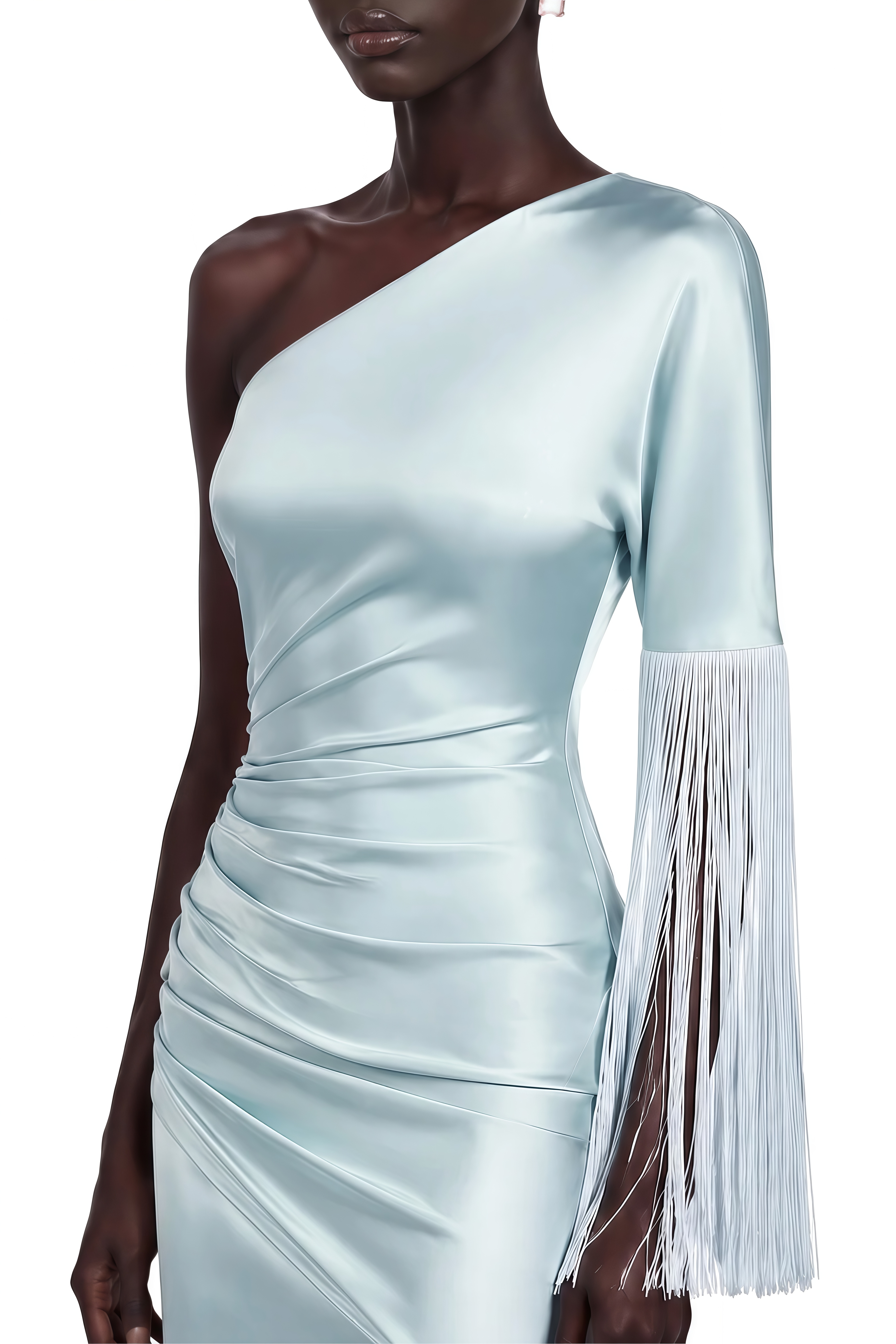 Nerissa Light Blue One Shoulder Fringe Maxi Dress
