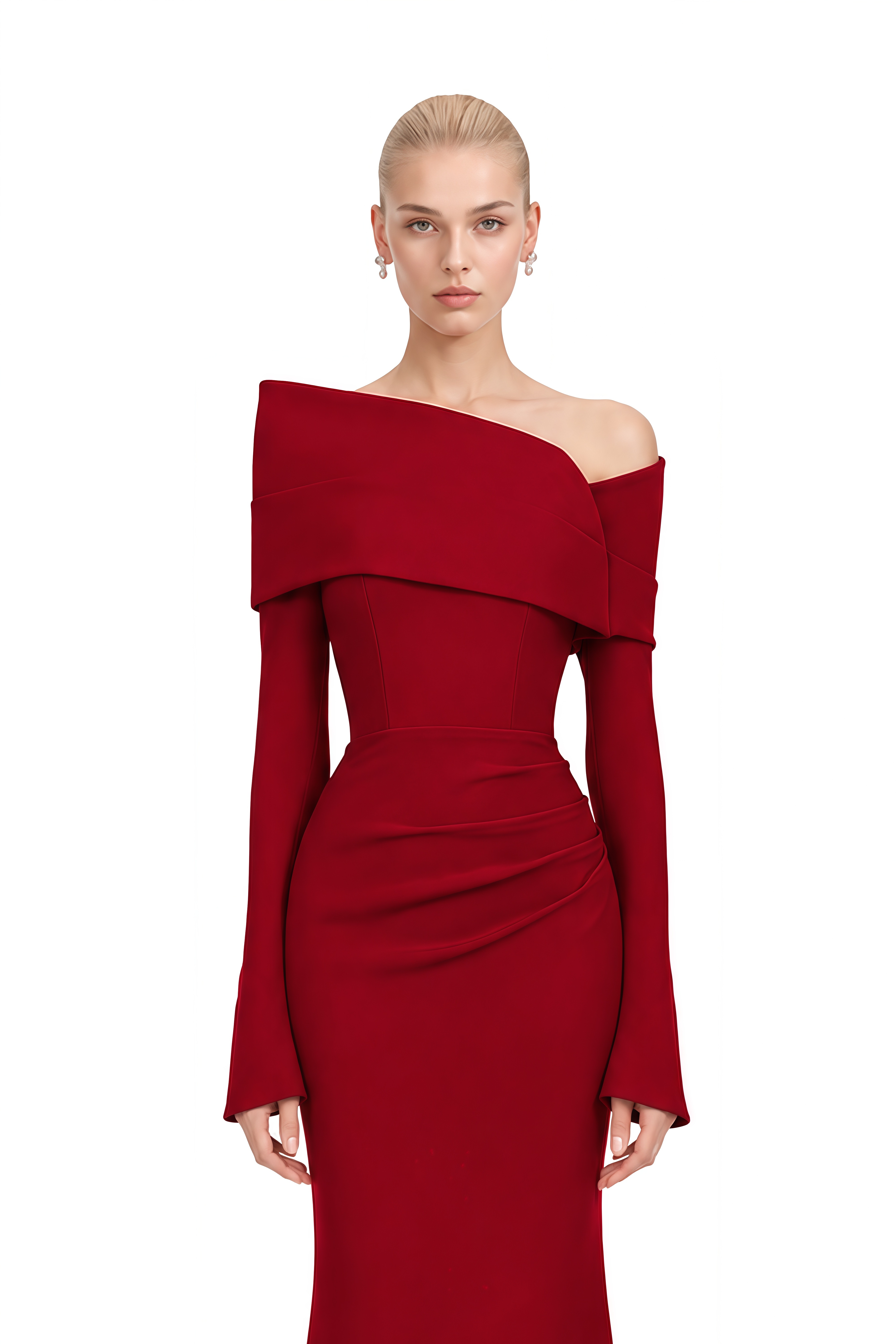 Viola Red Long Sleeves Asymmetrical Maxi Dress 