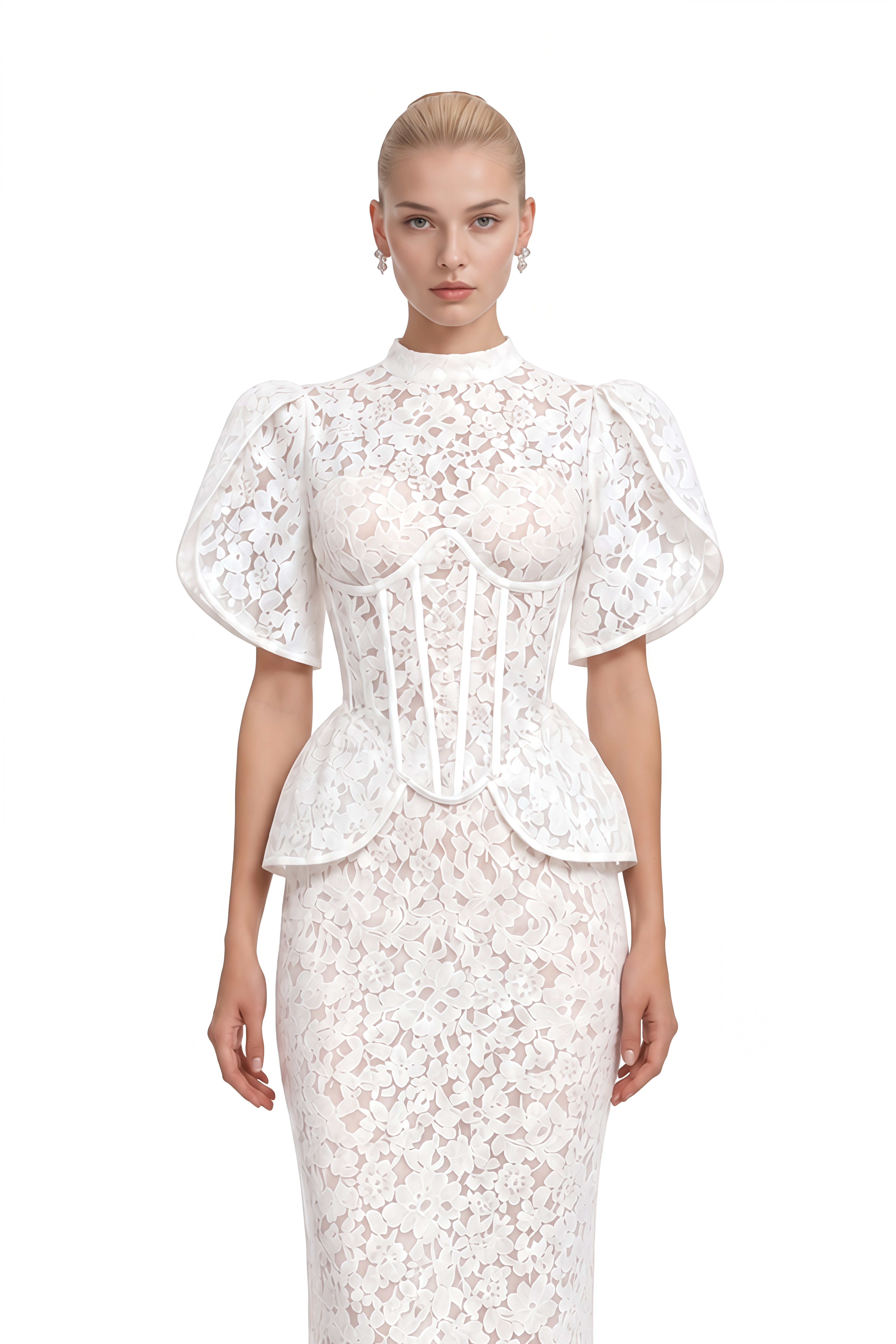 Daphne White Turtleneck Floral Lace Top & Skirt Set