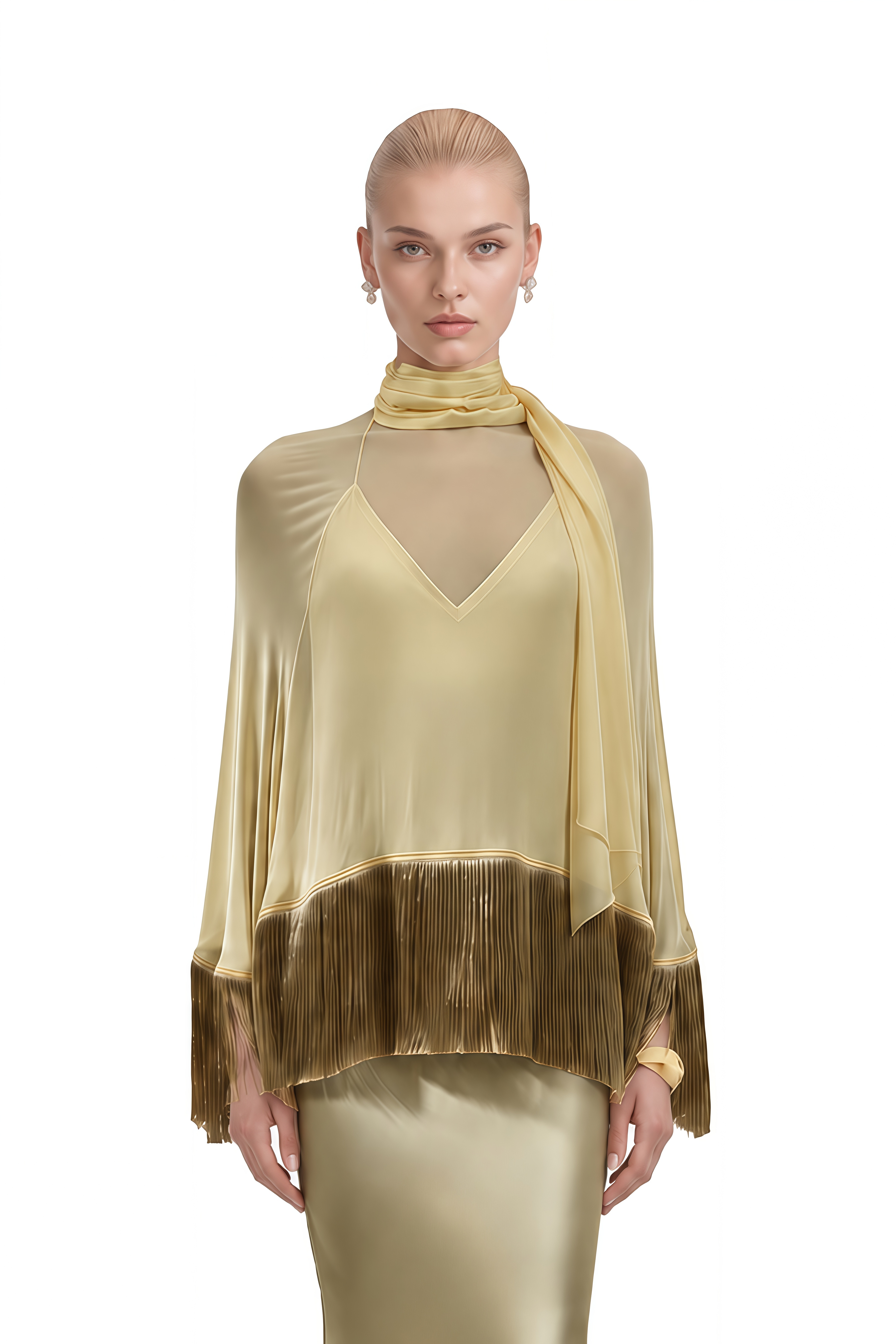 Alexandra Light Yellow Cape Fringe-Trim Top & Skirt Set