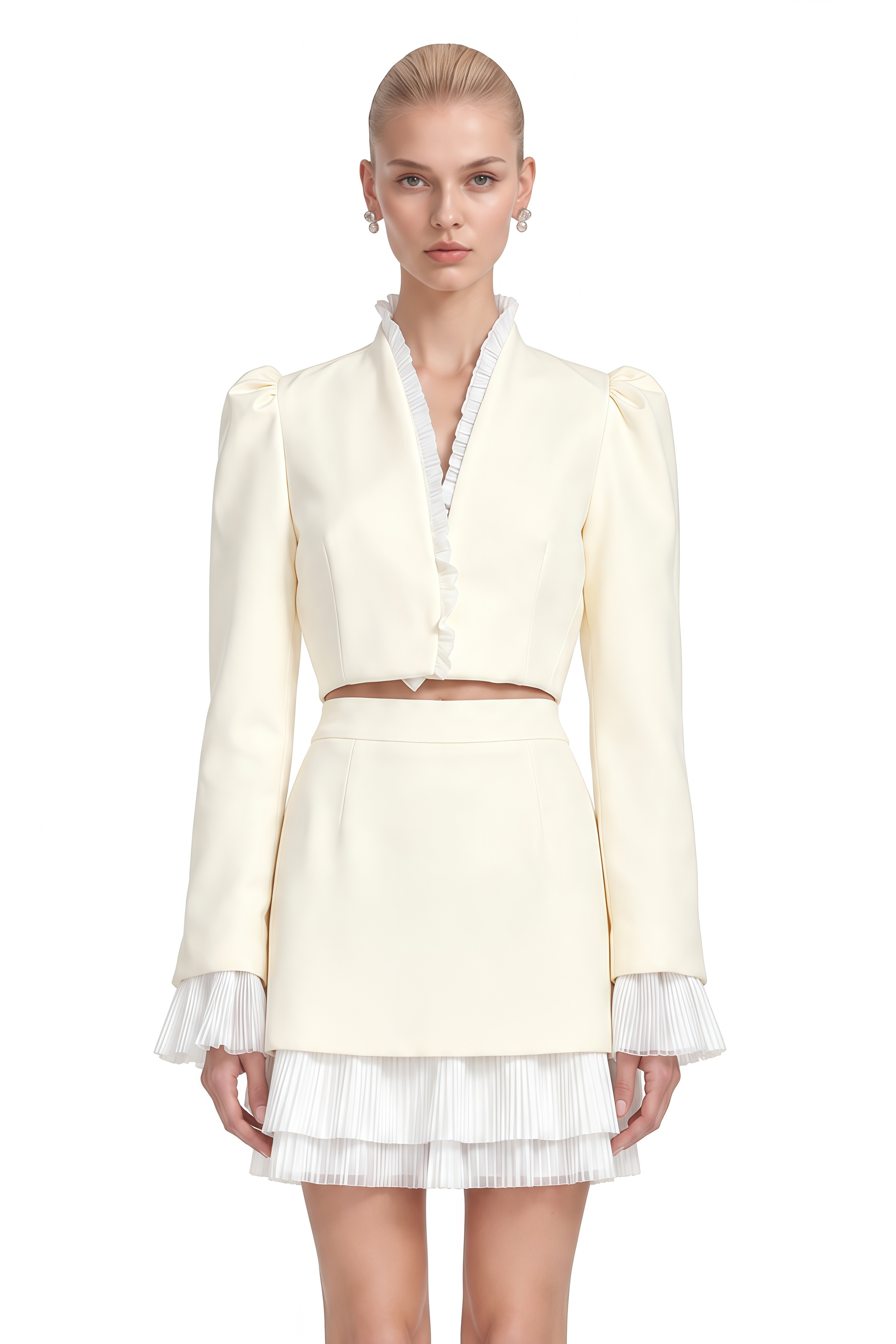 Lavinia White Long Sleeves Pleated Top & Skirt Set