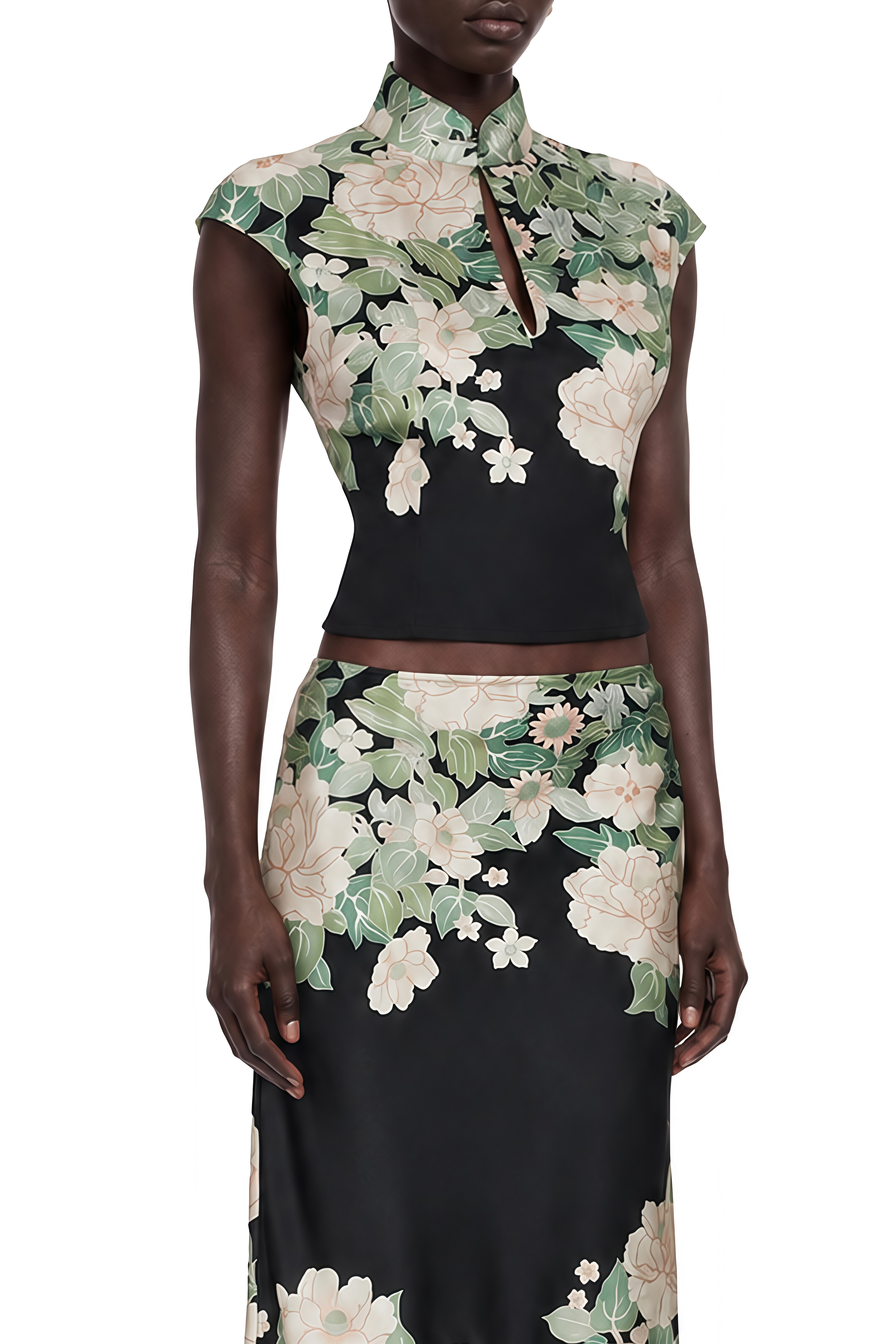 Rosalind Black Turtleneck Floral Print Top & Skirt Set