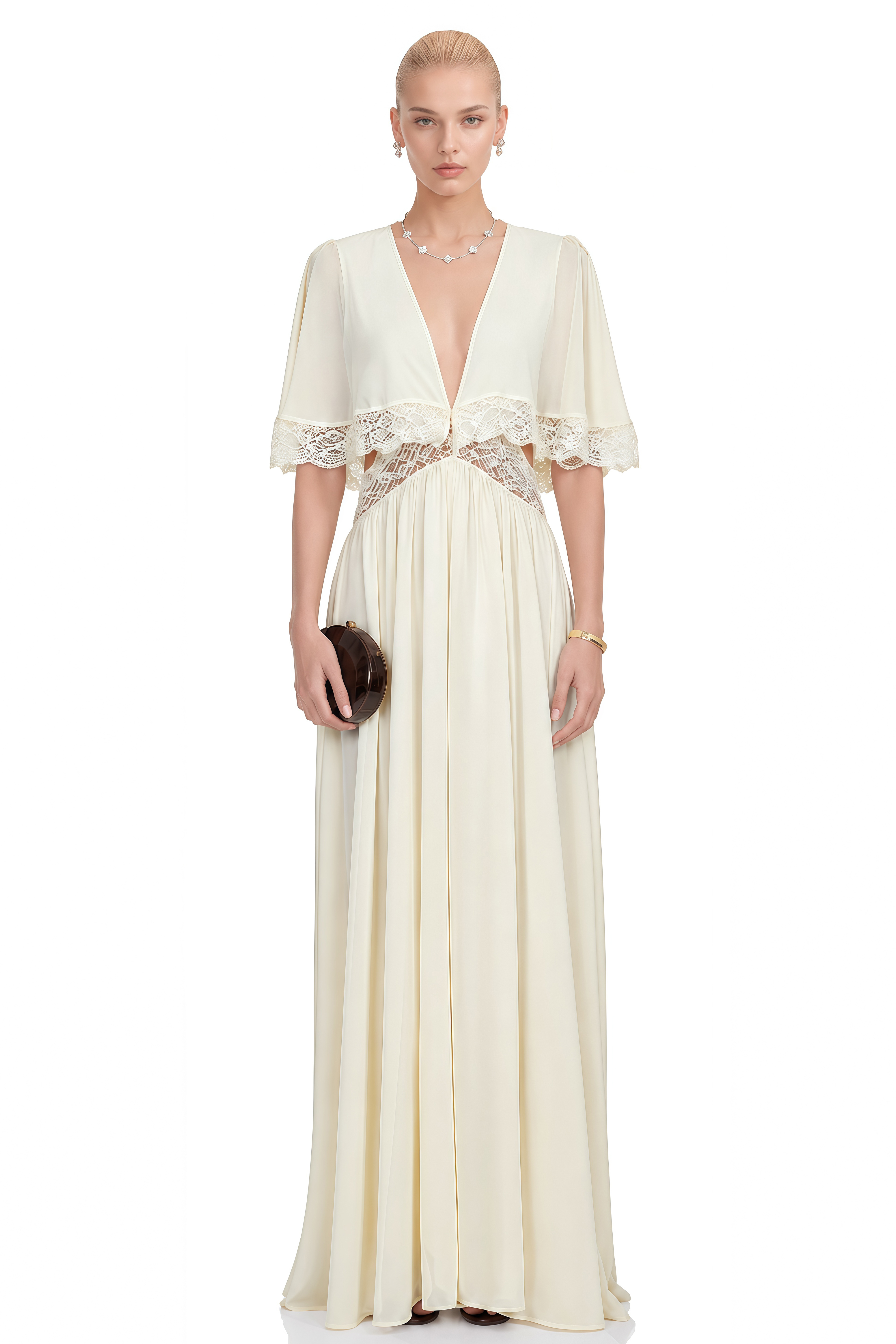 Eleanor Ivory Cape Sleeve Cut-Out Maxi Dress