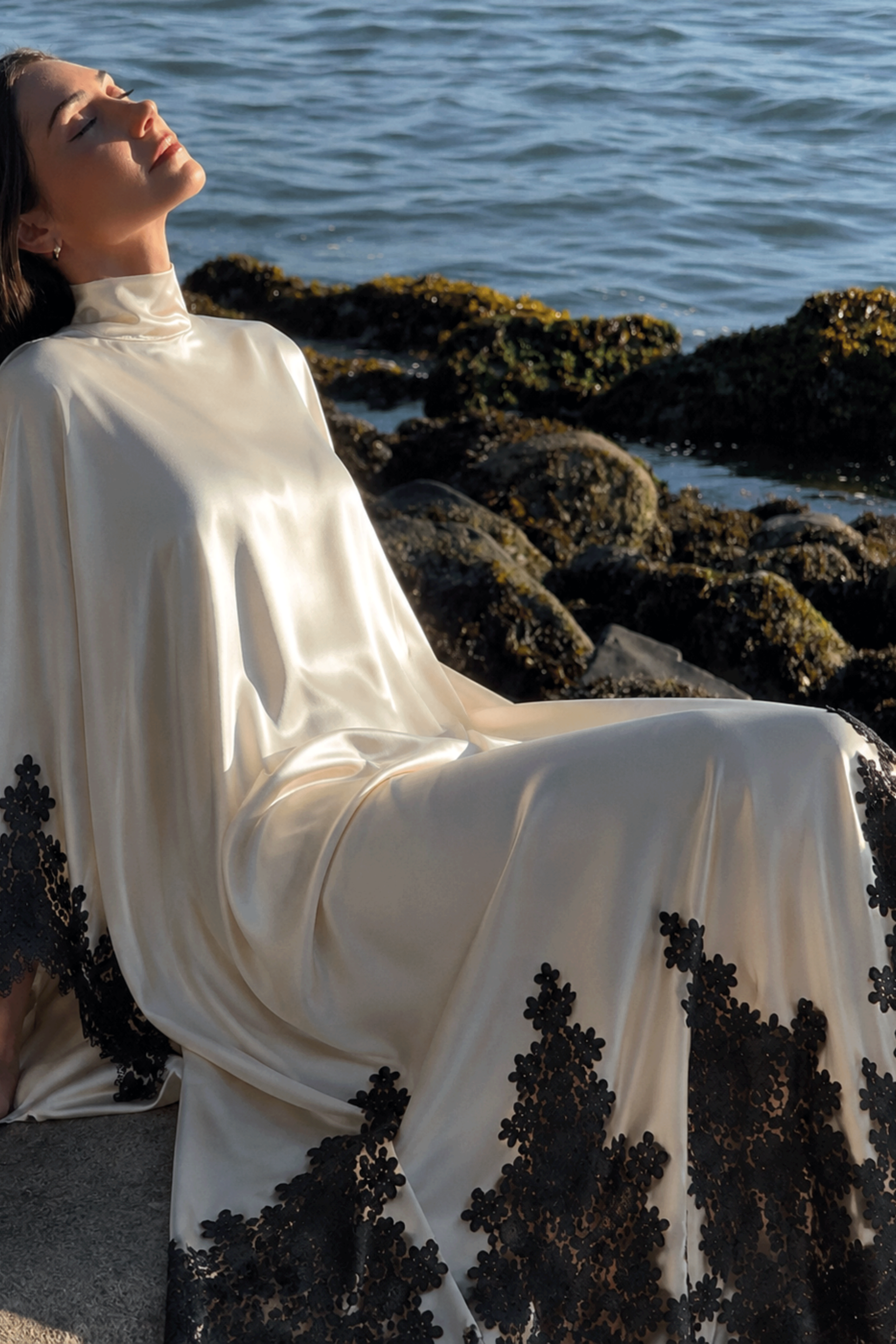 Imogen Neutral Turtleneck Lace Panel Maxi Dress