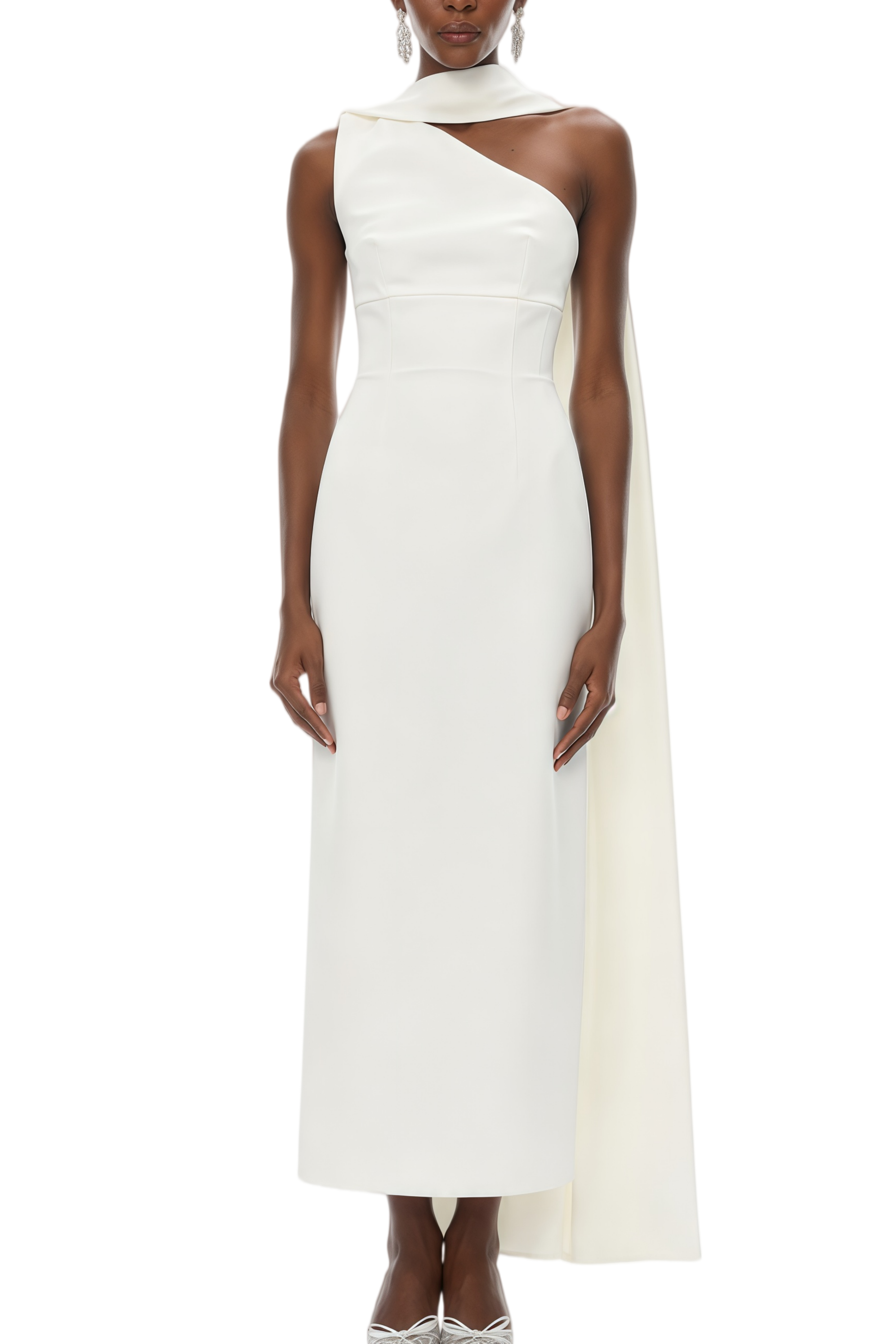 Leticia White Scarf Neck Midi Dress