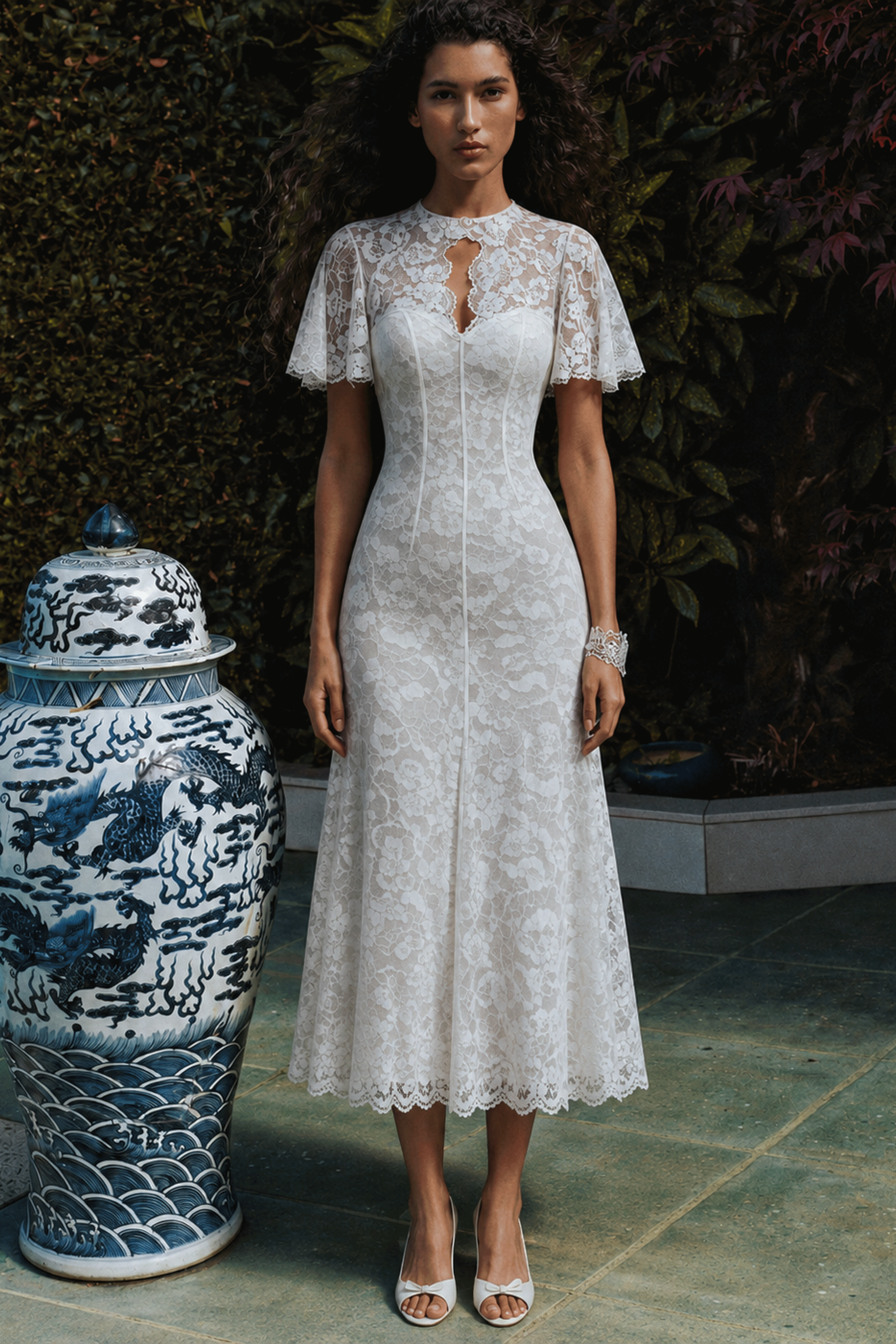 Claire White Cape Design Floral Lace Midi Dress