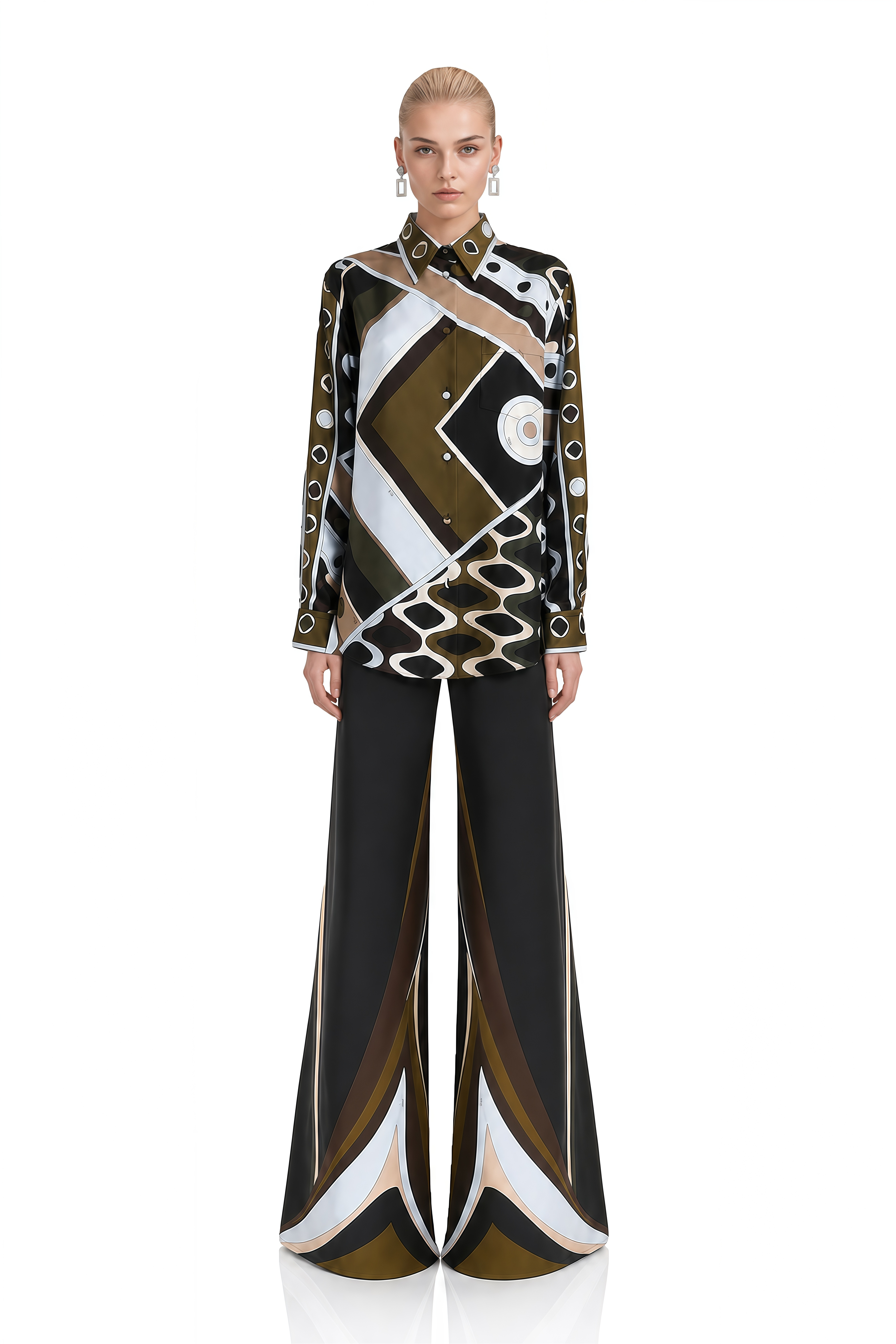 Helena Olive Green Abstract Geometric Print Blouse & Trousers Set