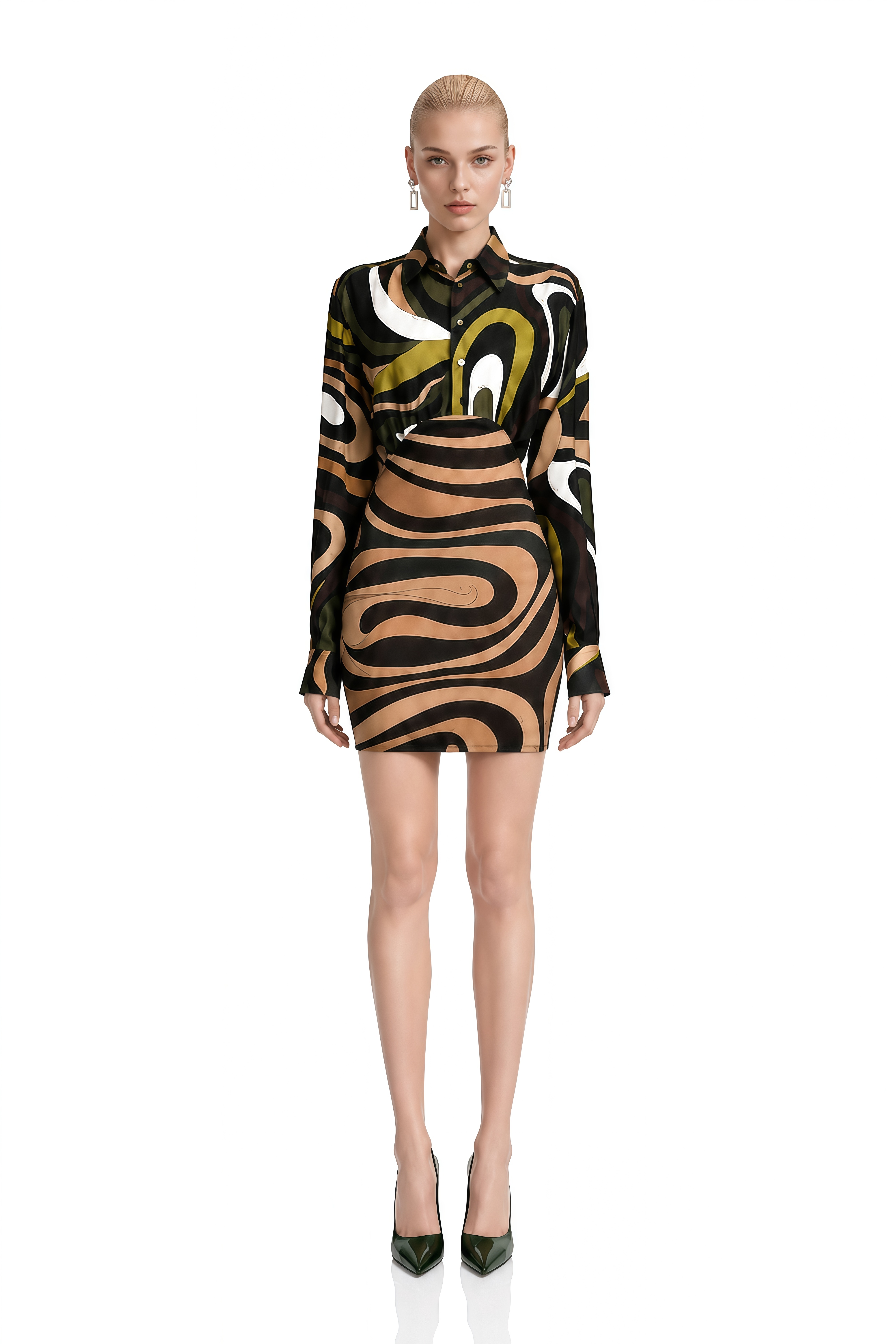 Ophelia Olive Green Abstract Print High-Waist Mini Dress