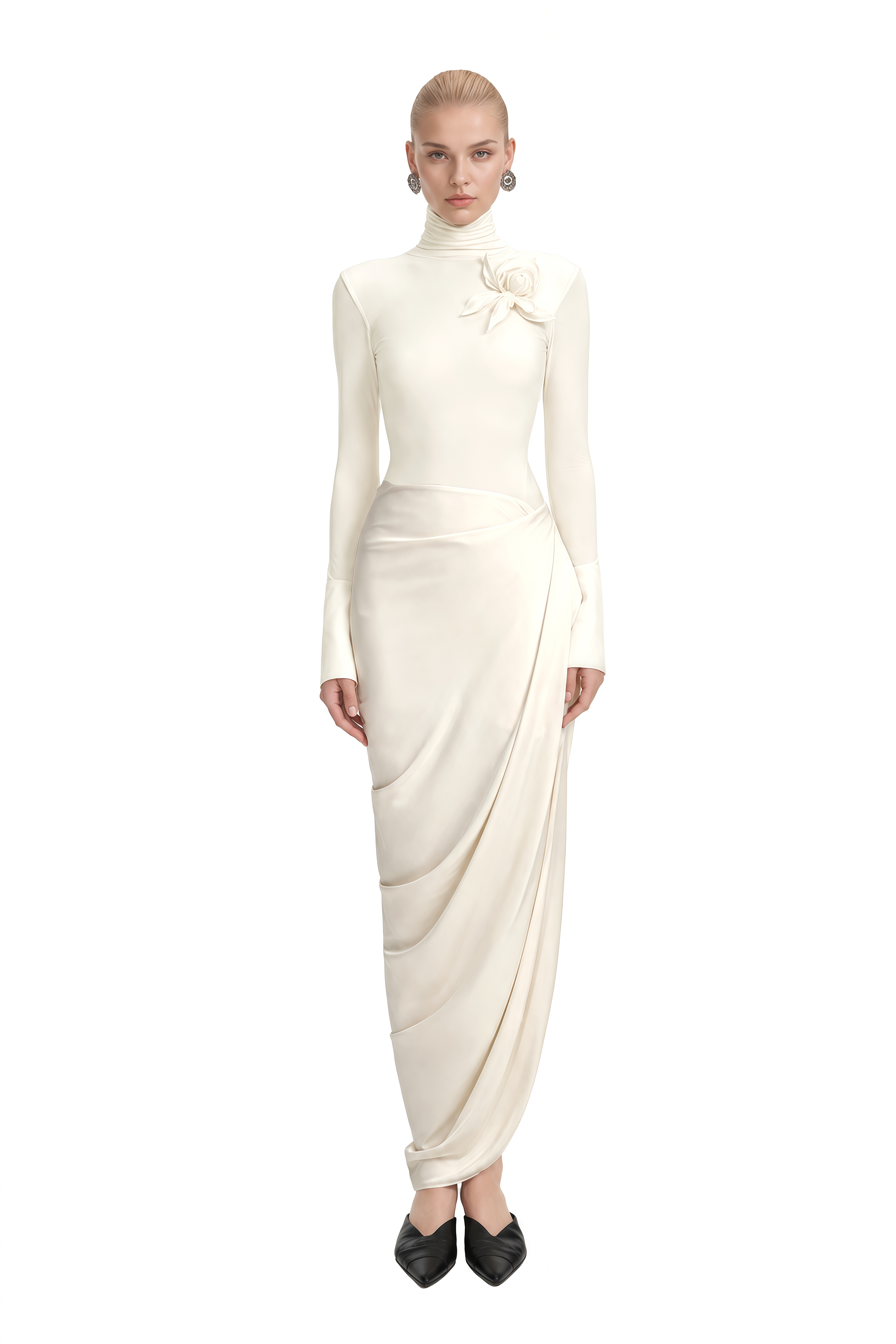 Serenity White Turtleneck Asymmetrical Maxi Dress