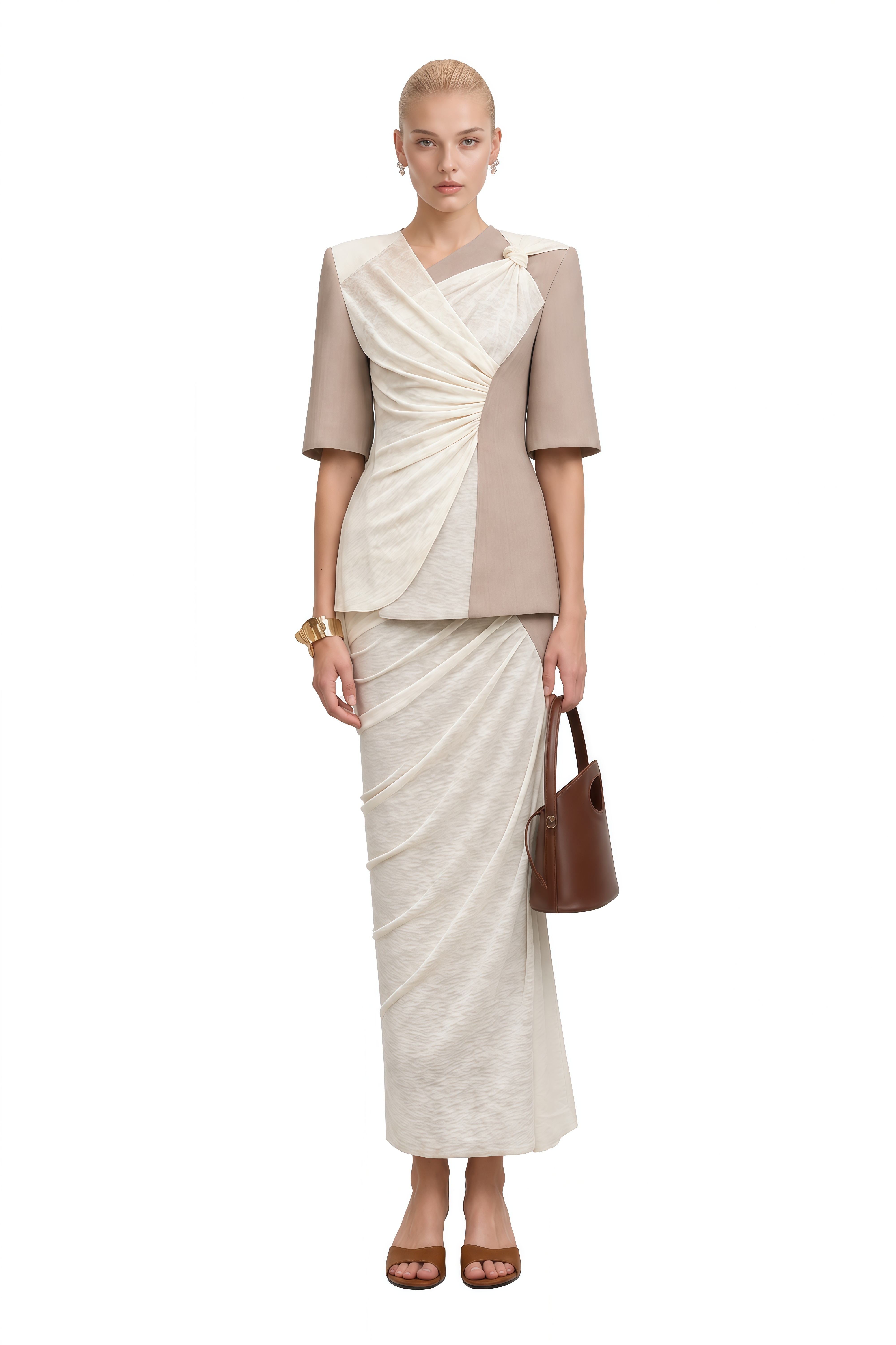 Lydia Ivory Asymmetrical Contrast Panel Top & Skirt Set