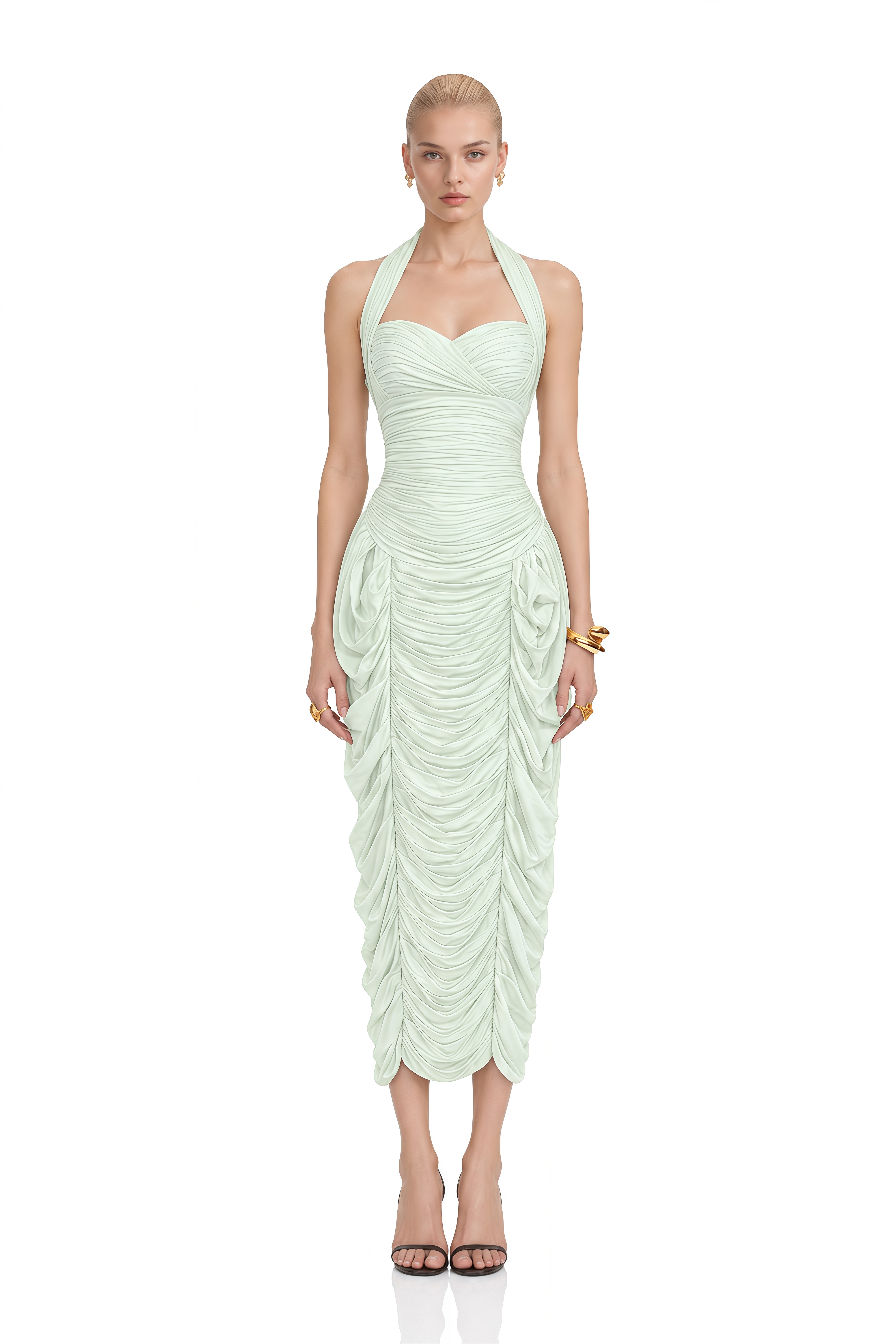 Luna Light Green Halterneck Ruched Midi Dress