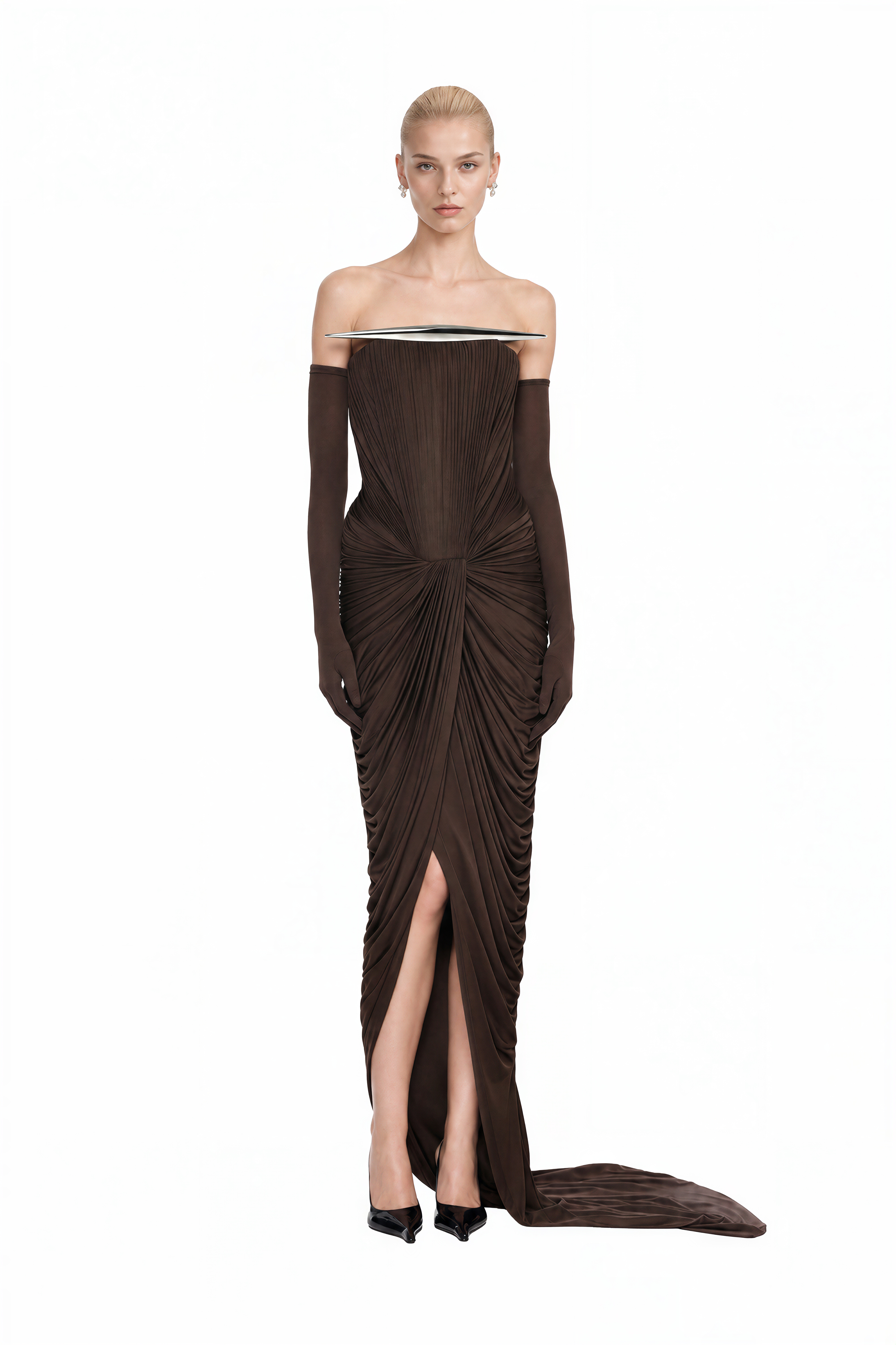 Amelia Brown Off Shoulder Draped Maxi Dress