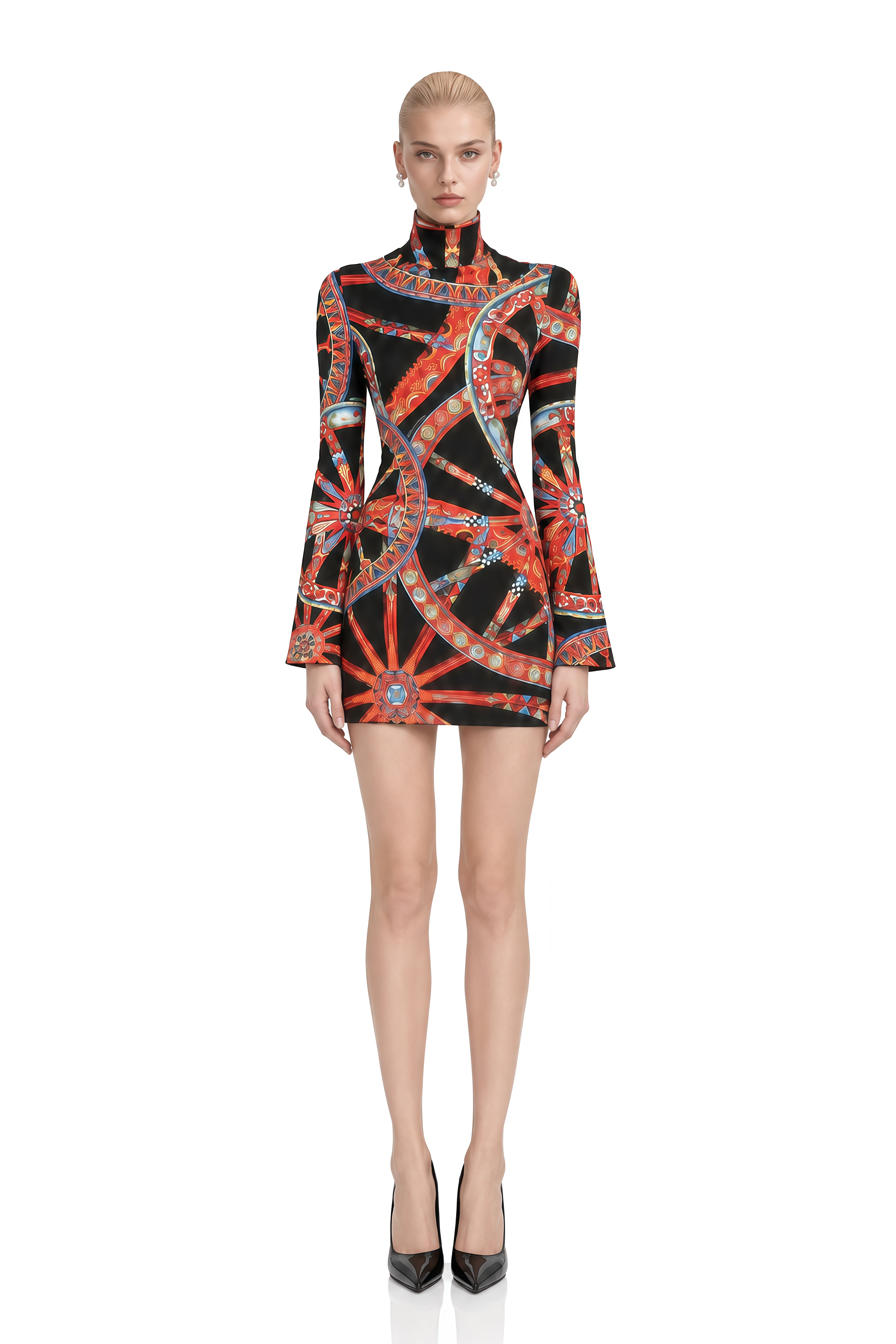 Lavinia Black Turtleneck Abstract Print Mini Dress