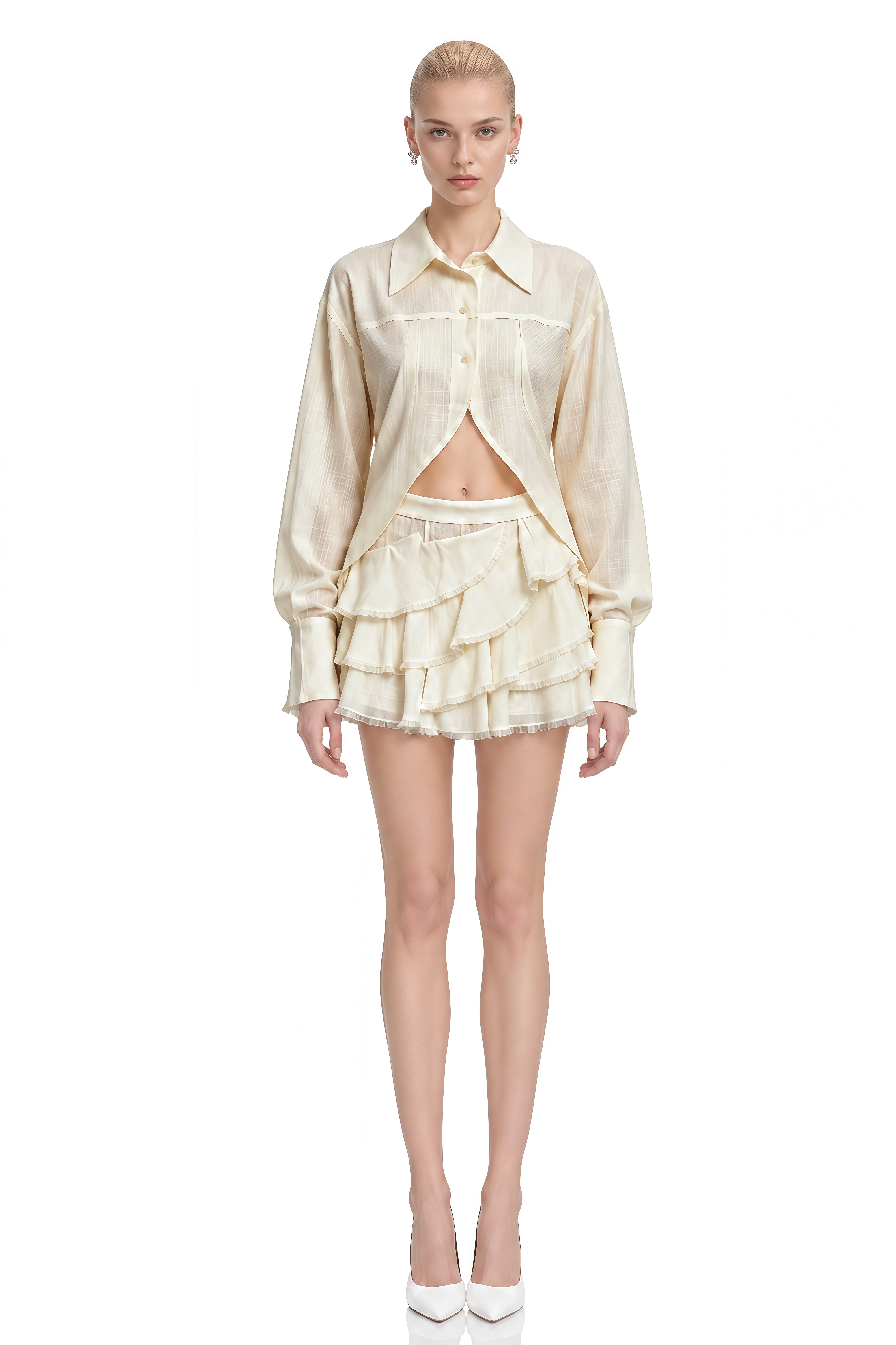 Emerson White Long Sleeves Ruffled Top & Skirt Set