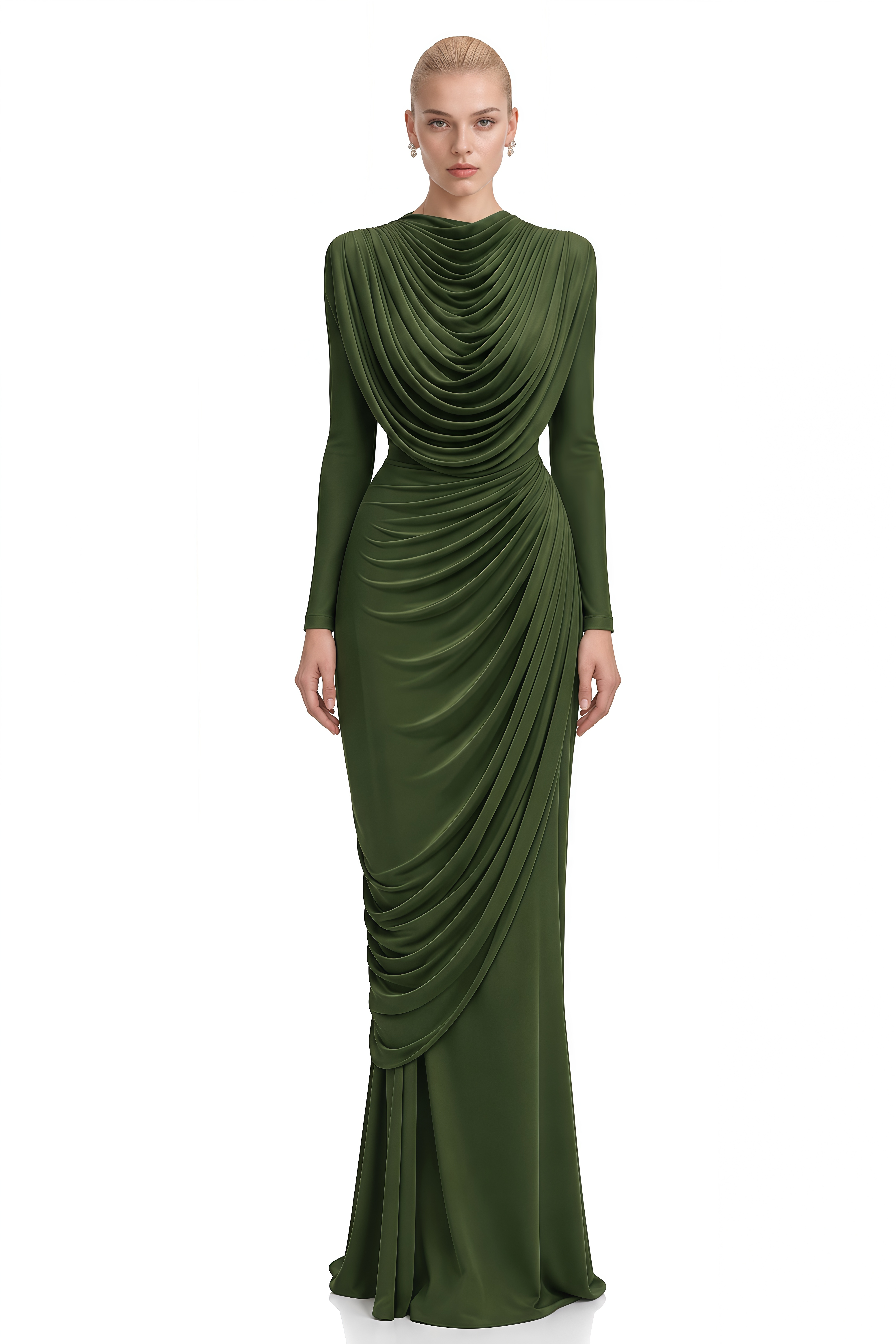 Margaux Olive Green Asymmetric Ruched Maxi Dress