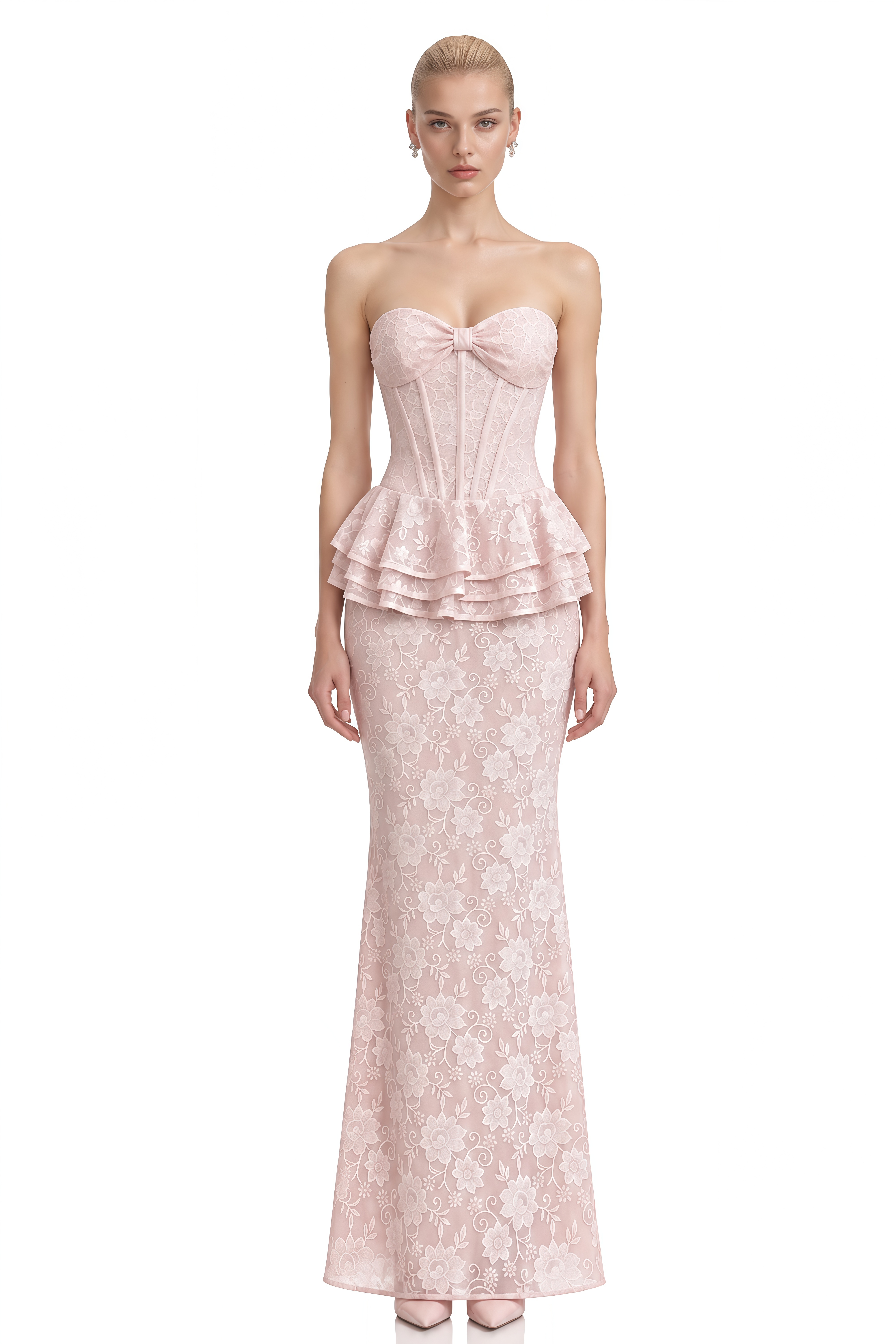 Amelia Pink Strapless Floral Lace Maxi Dress