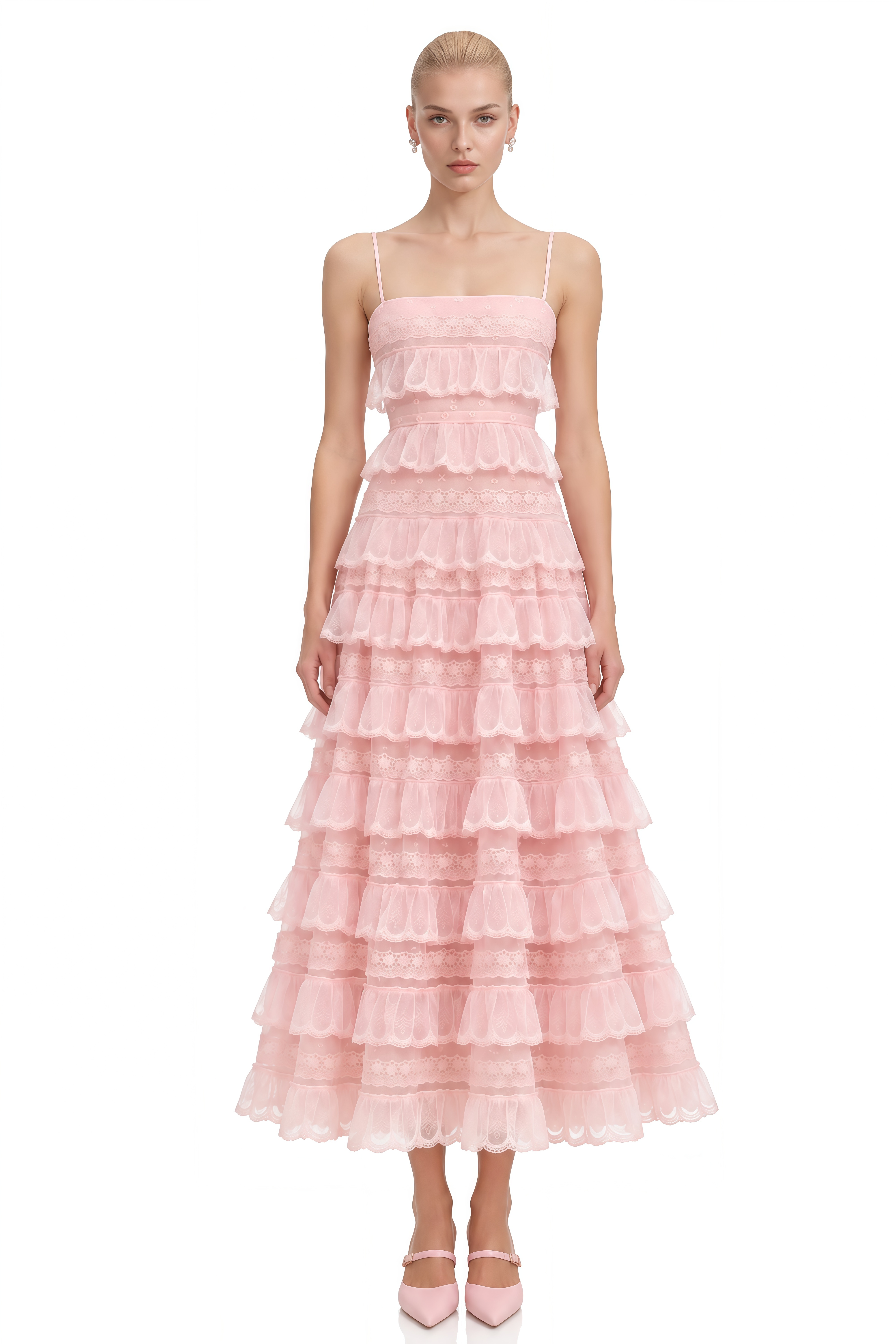 Emmeline Pink Layered Ruffled Lace Midi Dress