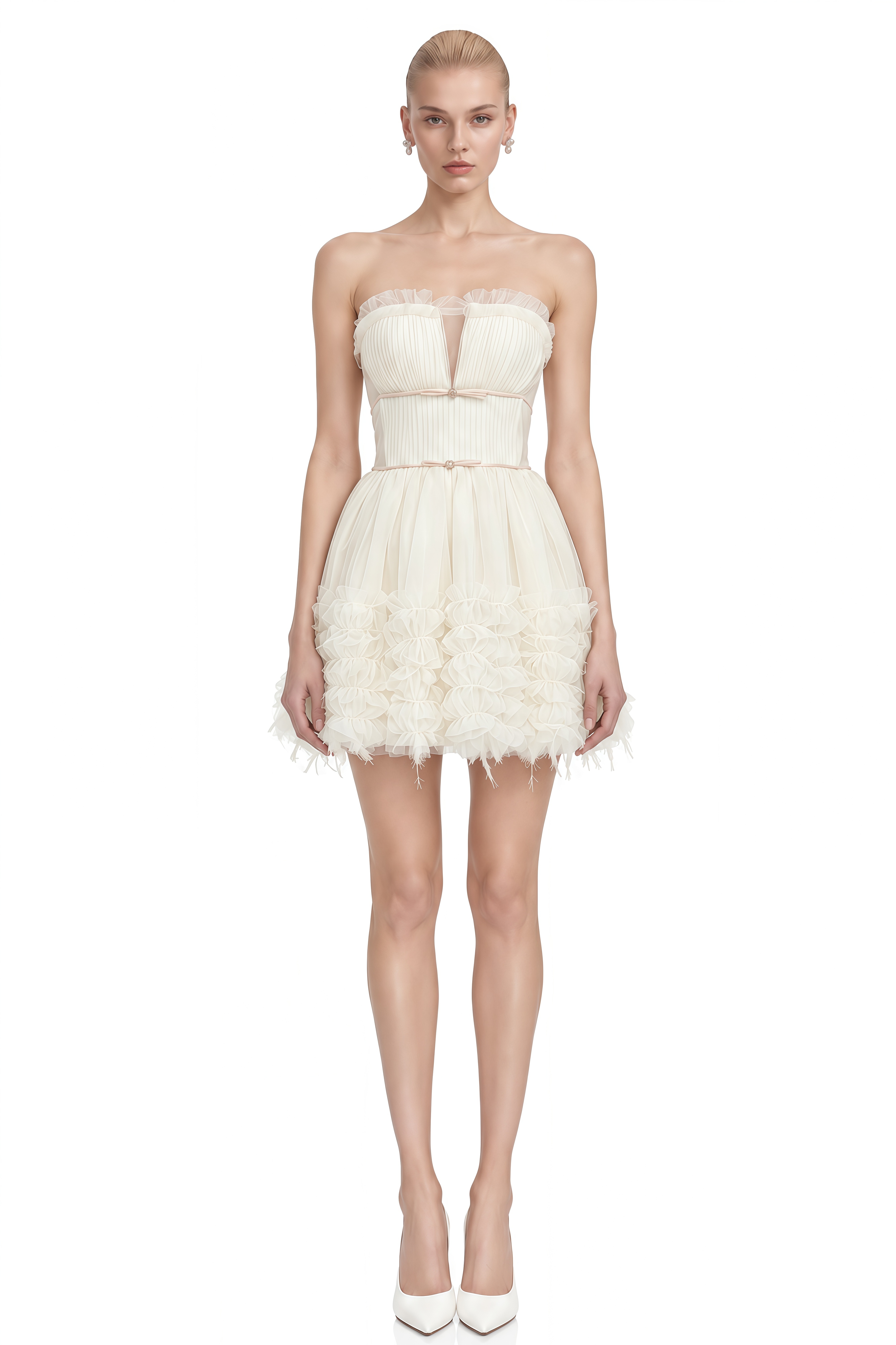 Thalia Neutral Strapless Layered Ruffled Mini Dress