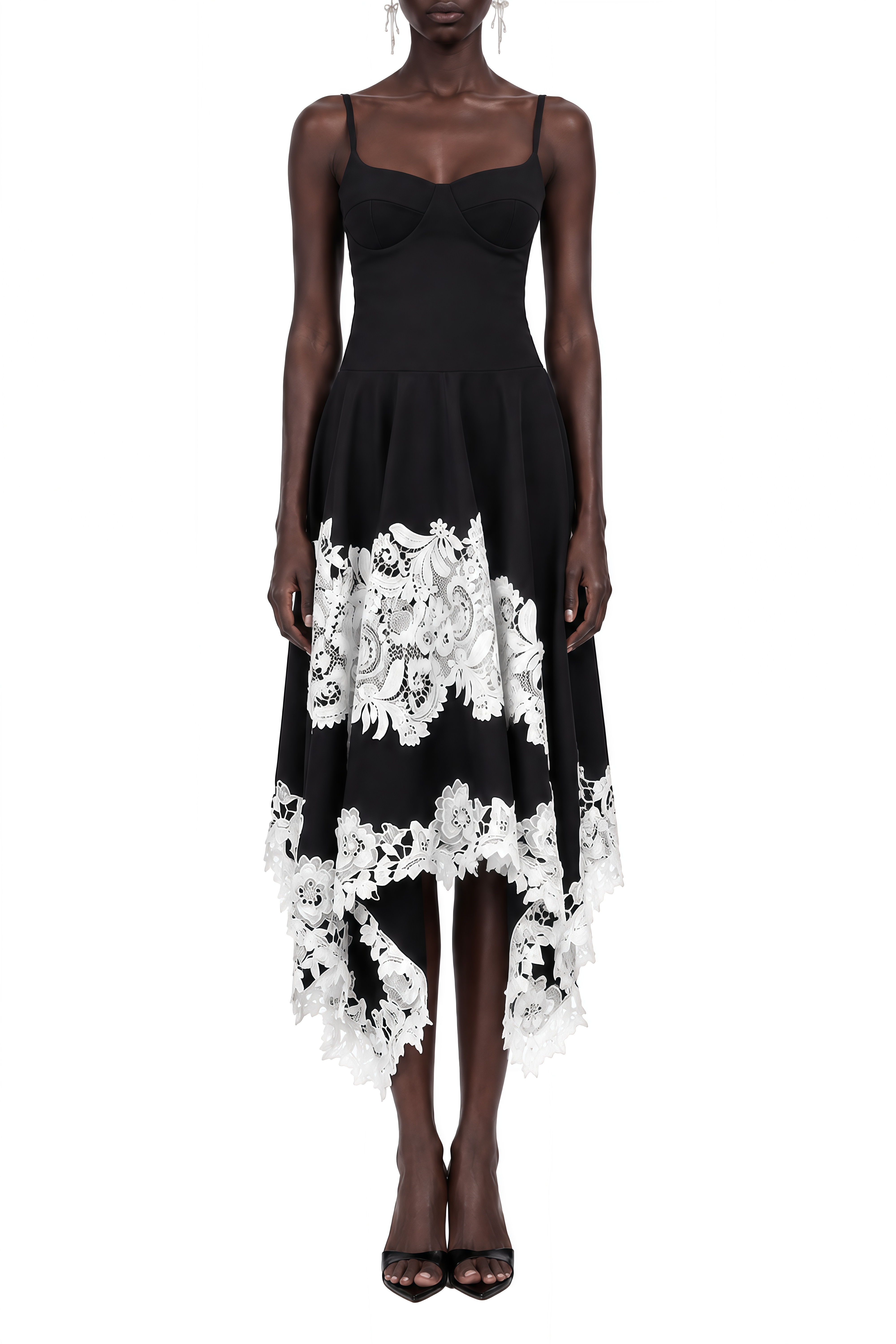 Cecilia Black Sweetheart Neck Lace Midi Dress