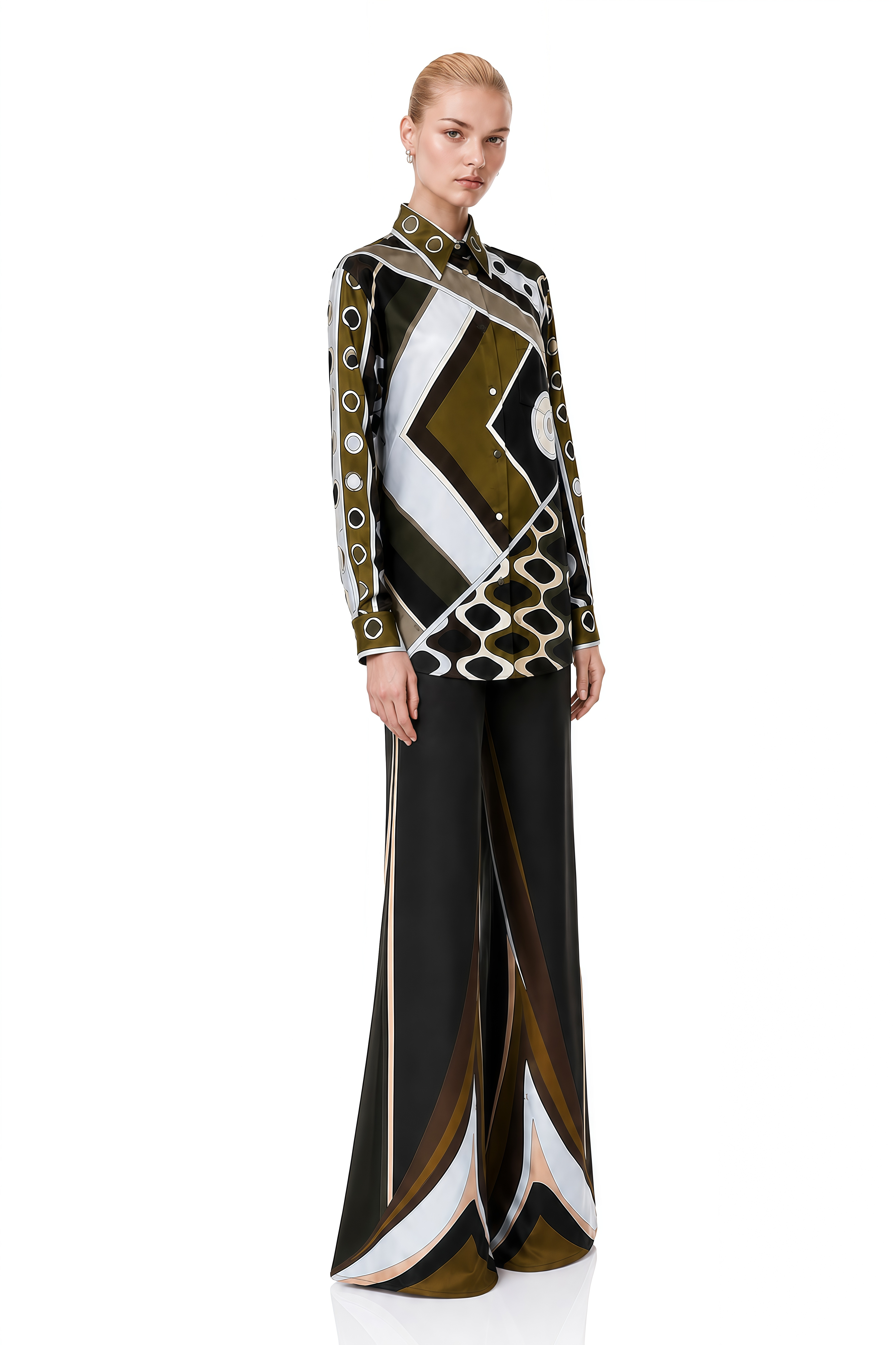 Helena Olive Green Abstract Geometric Print Blouse & Trousers Set