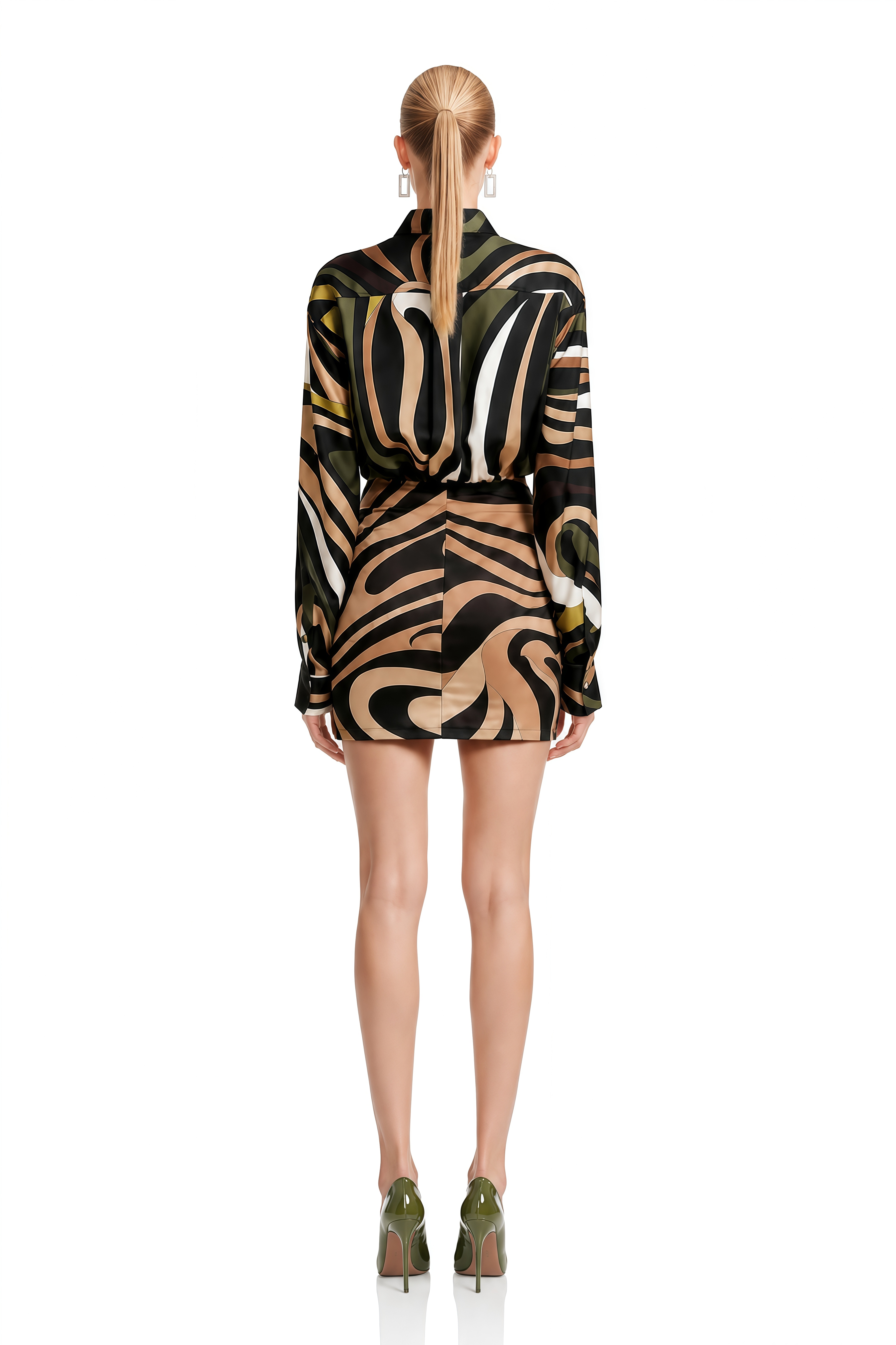Ophelia Olive Green Abstract Print High-Waist Mini Dress