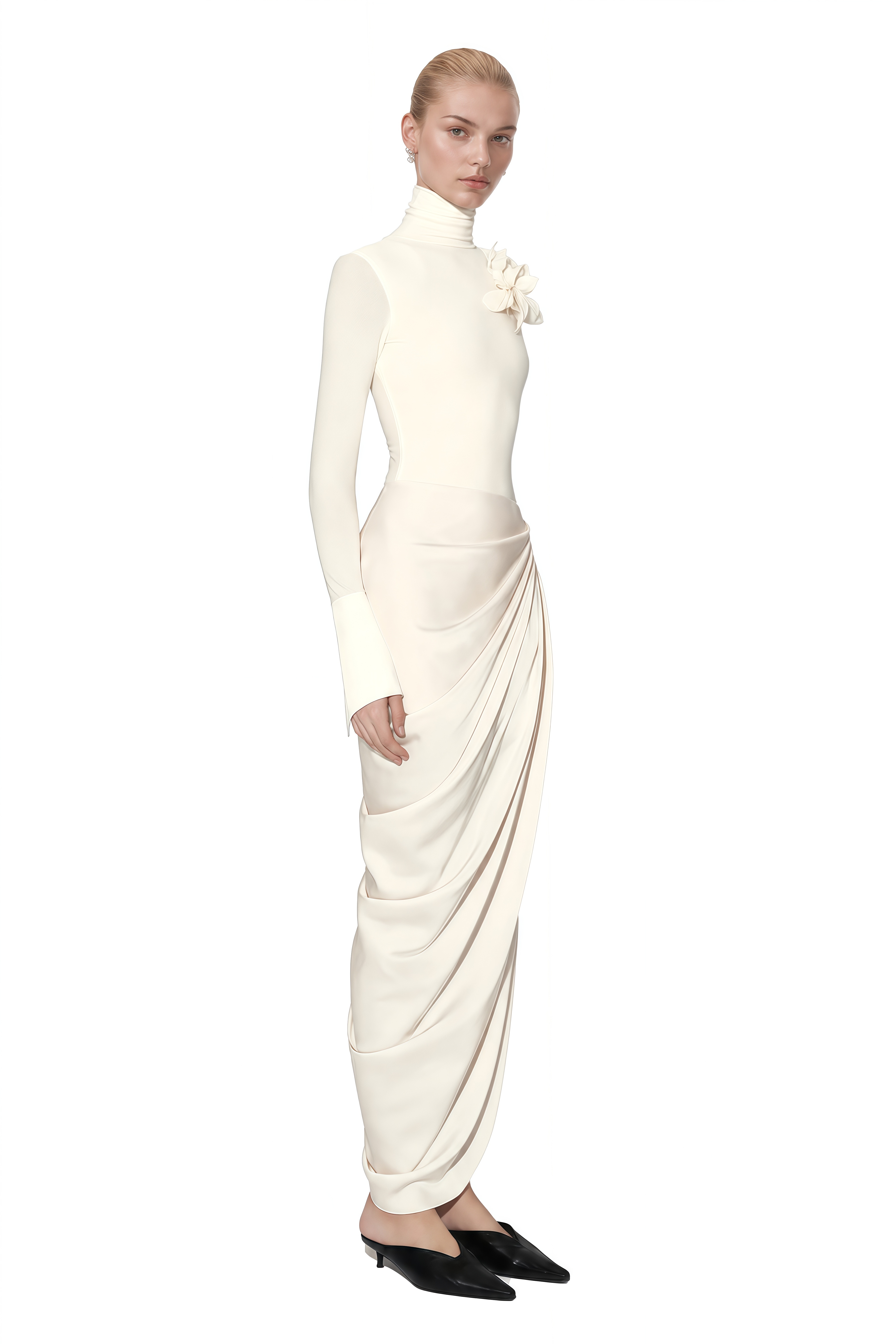 Serenity White Turtleneck Asymmetrical Maxi Dress