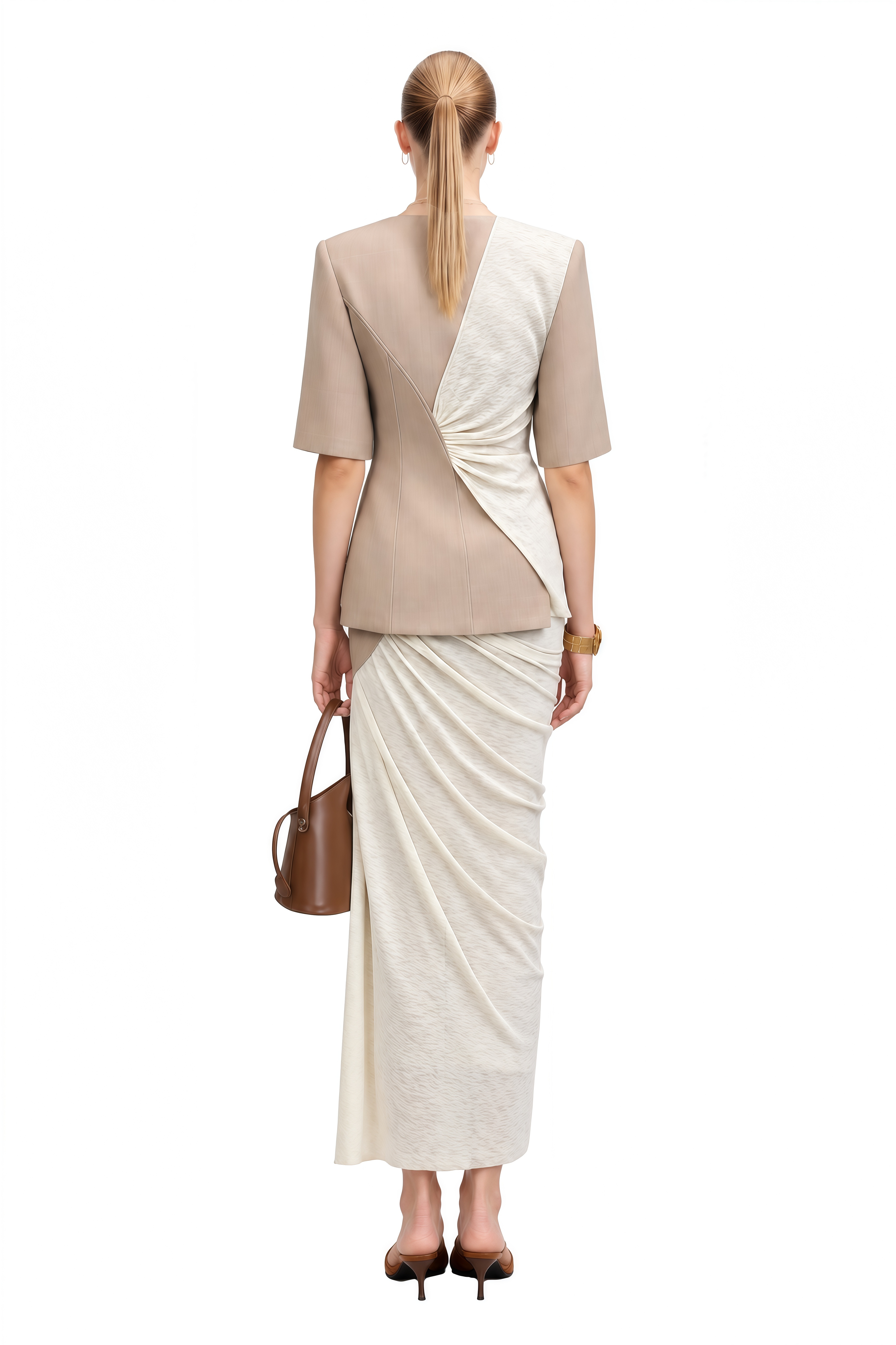 Lydia Ivory Asymmetrical Contrast Panel Top & Skirt Set