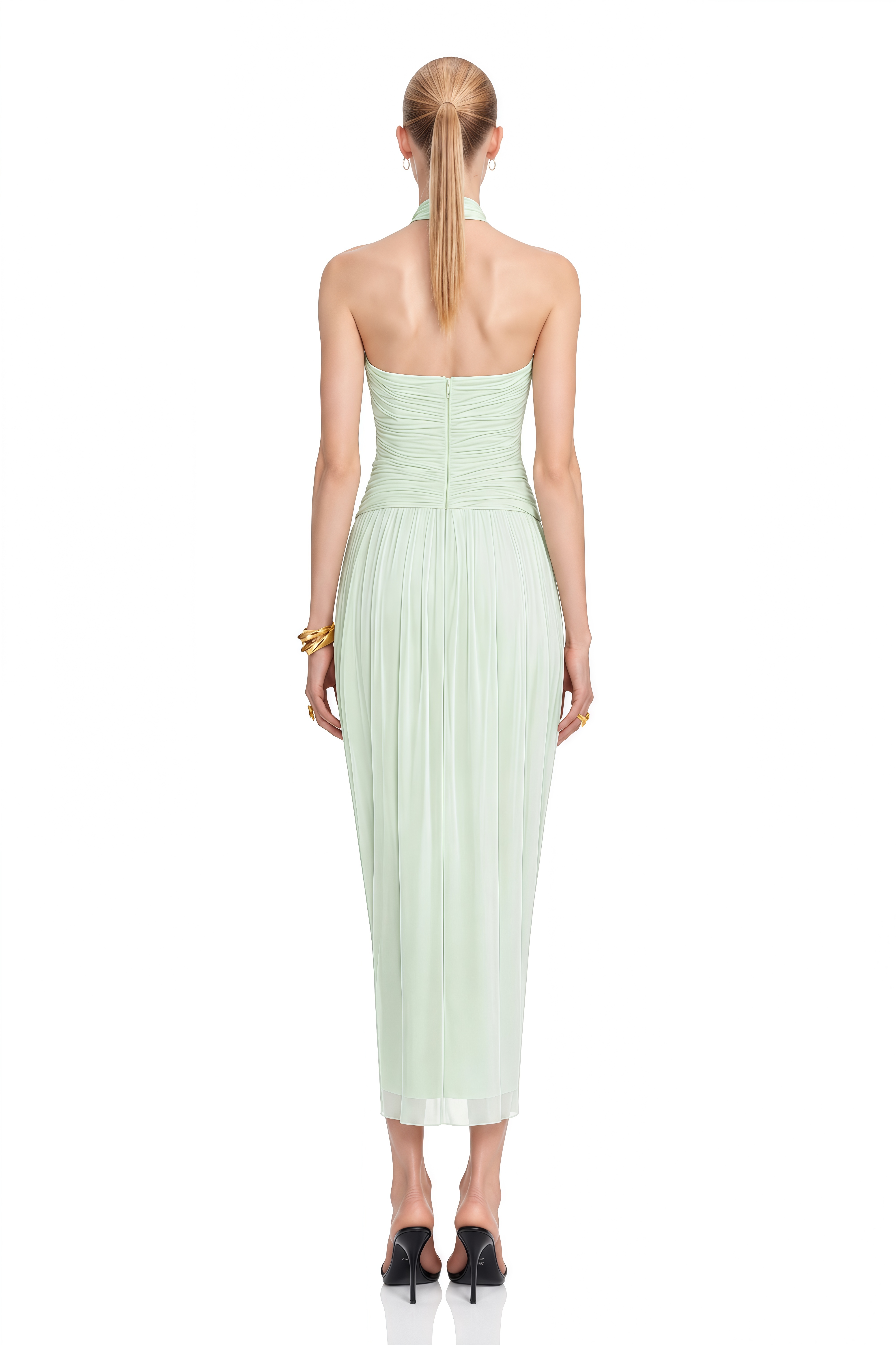 Luna Light Green Halterneck Ruched Midi Dress