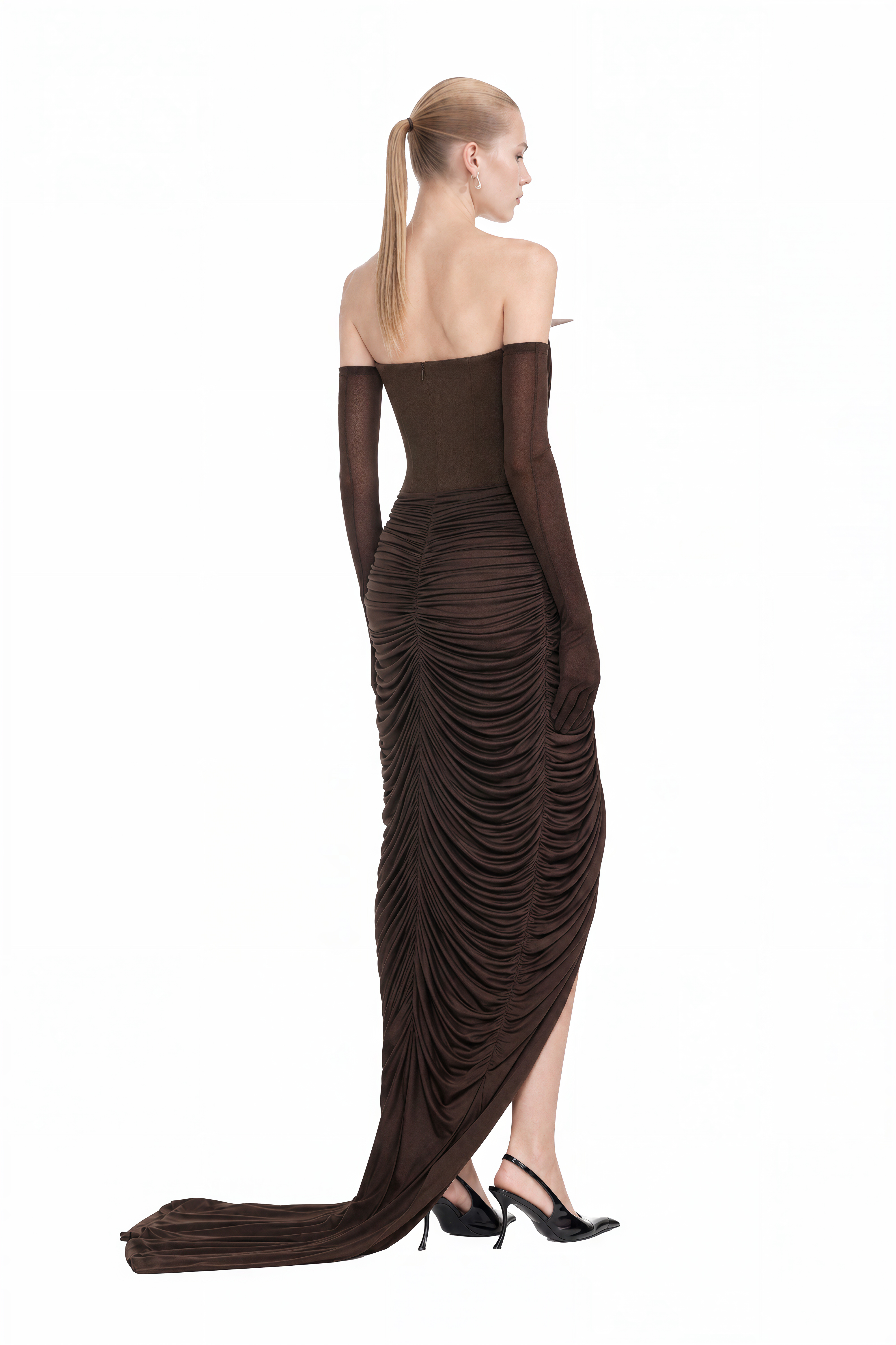 Amelia Brown Off Shoulder Draped Maxi Dress