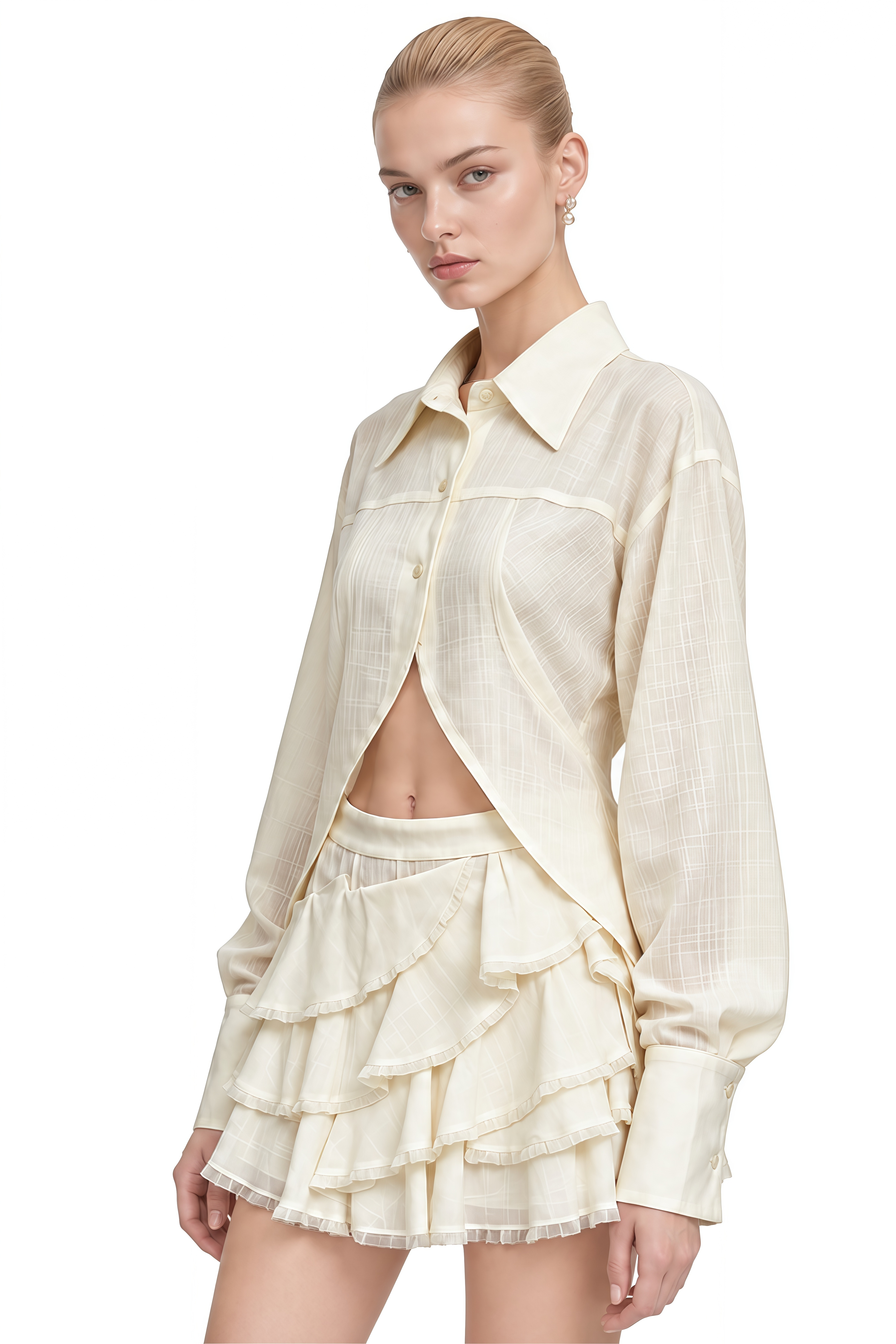 Emerson White Long Sleeves Ruffled Top & Skirt Set