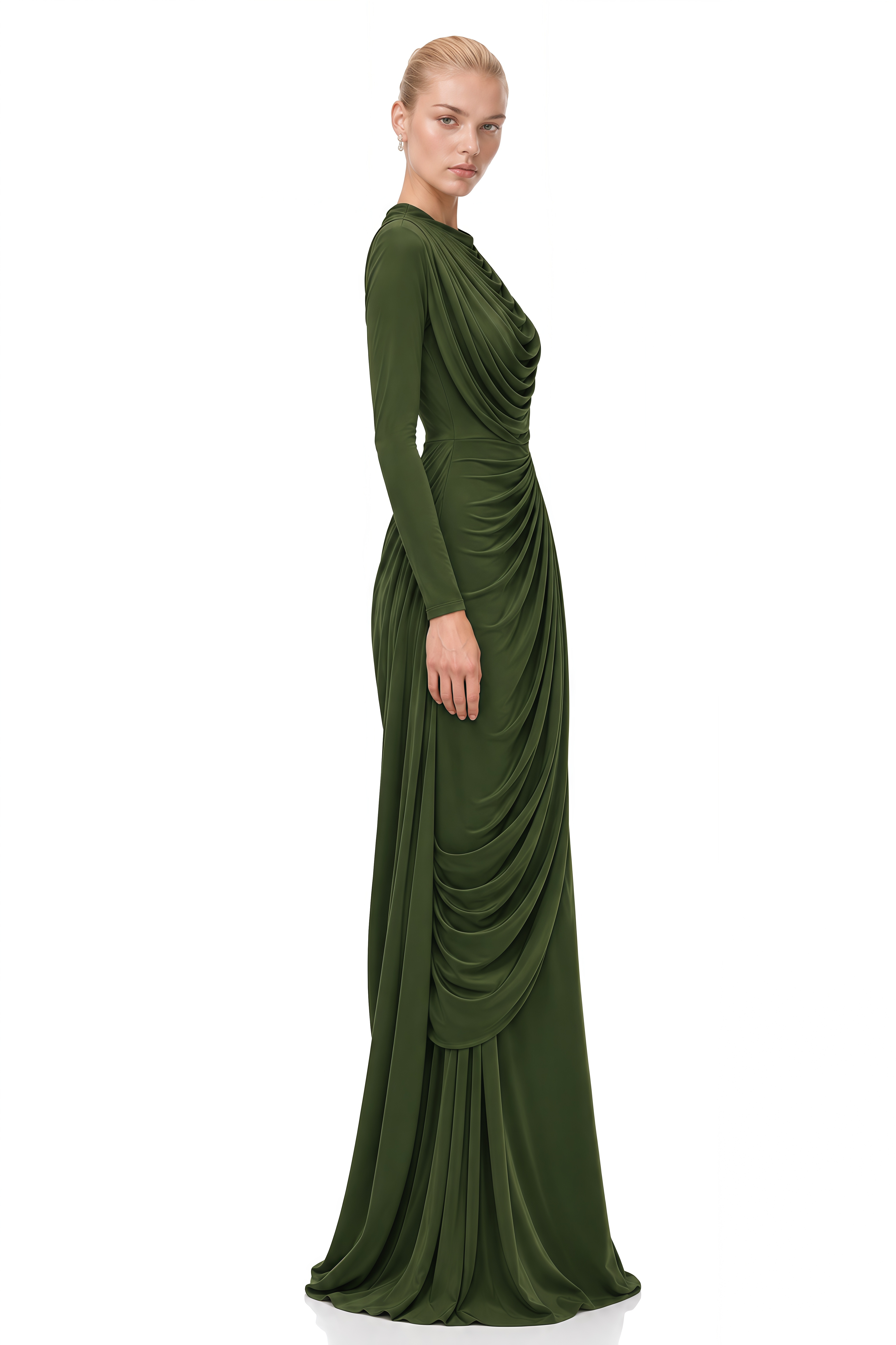 Margaux Olive Green Asymmetric Ruched Maxi Dress