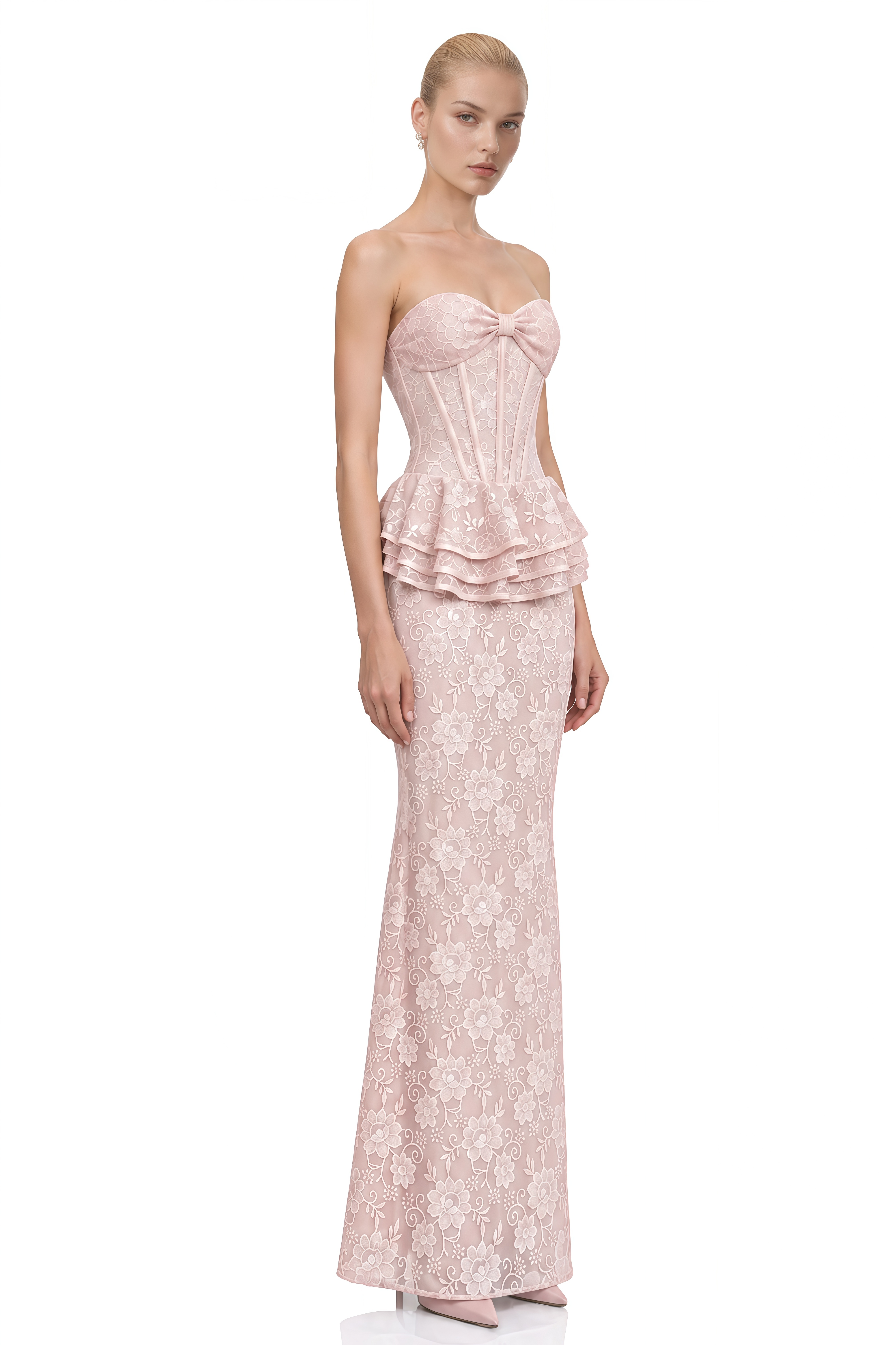 Amelia Pink Strapless Floral Lace Maxi Dress