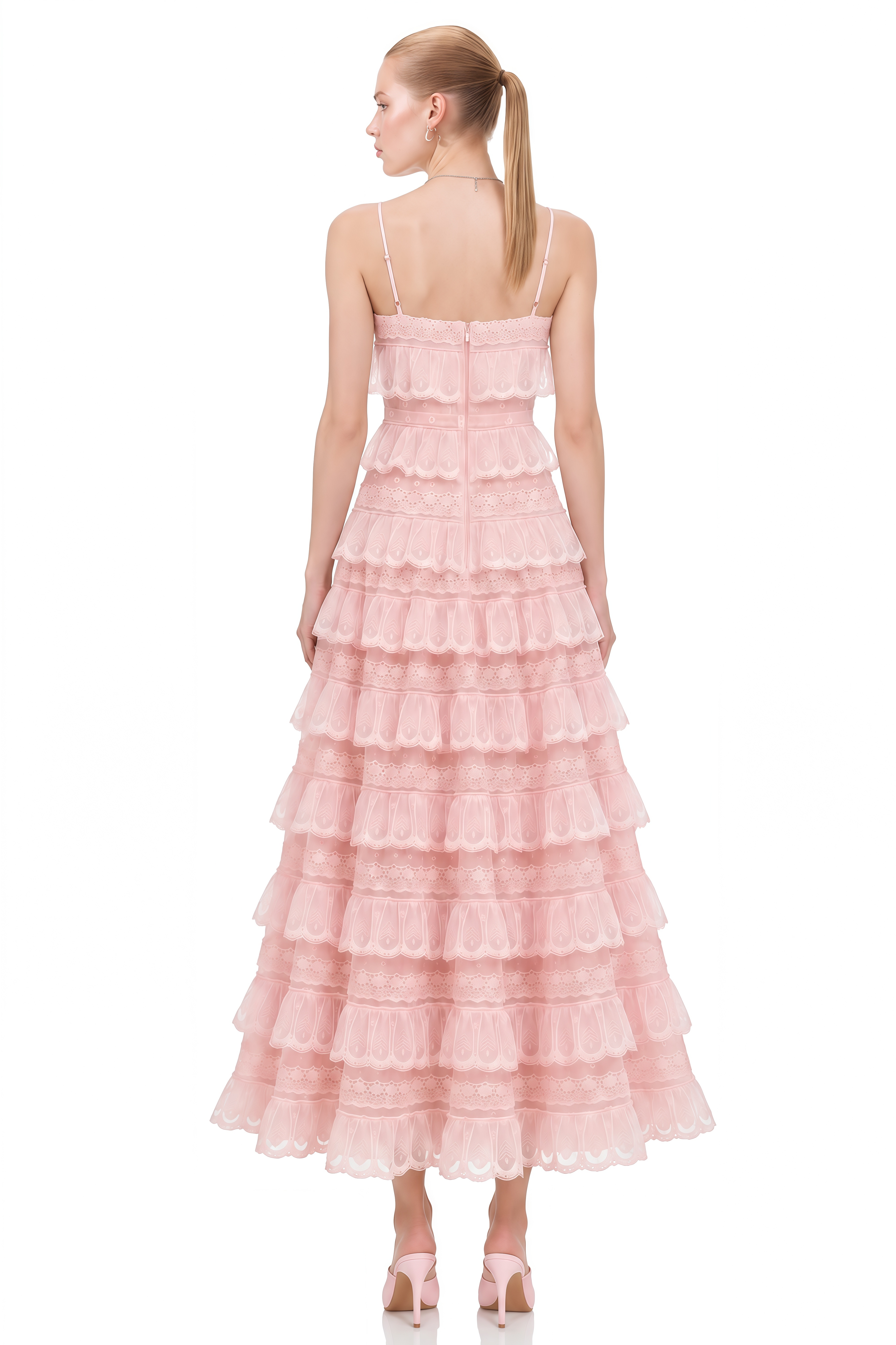 Emmeline Pink Layered Ruffled Lace Midi Dress