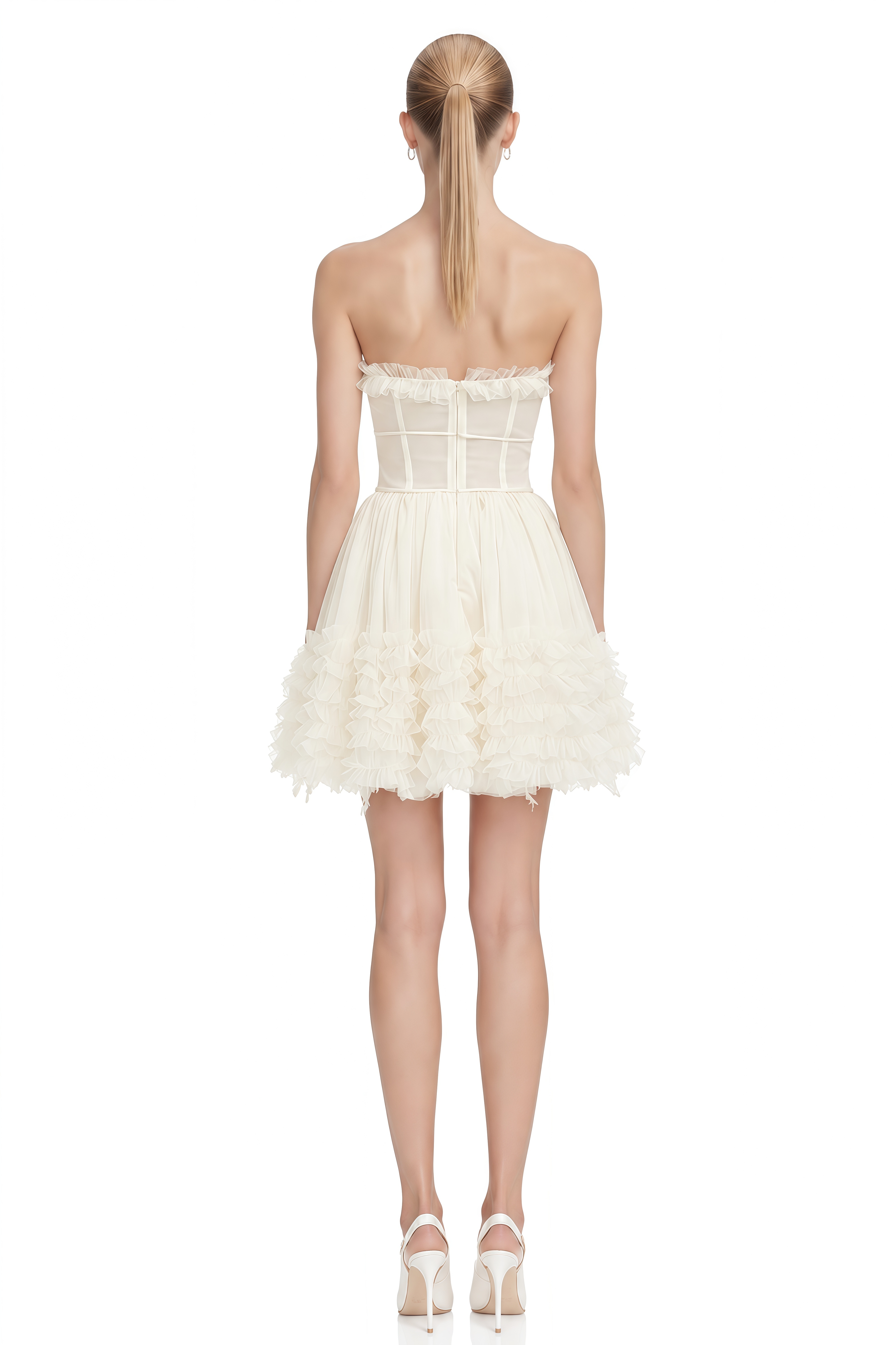 Thalia Neutral Strapless Layered Ruffled Mini Dress