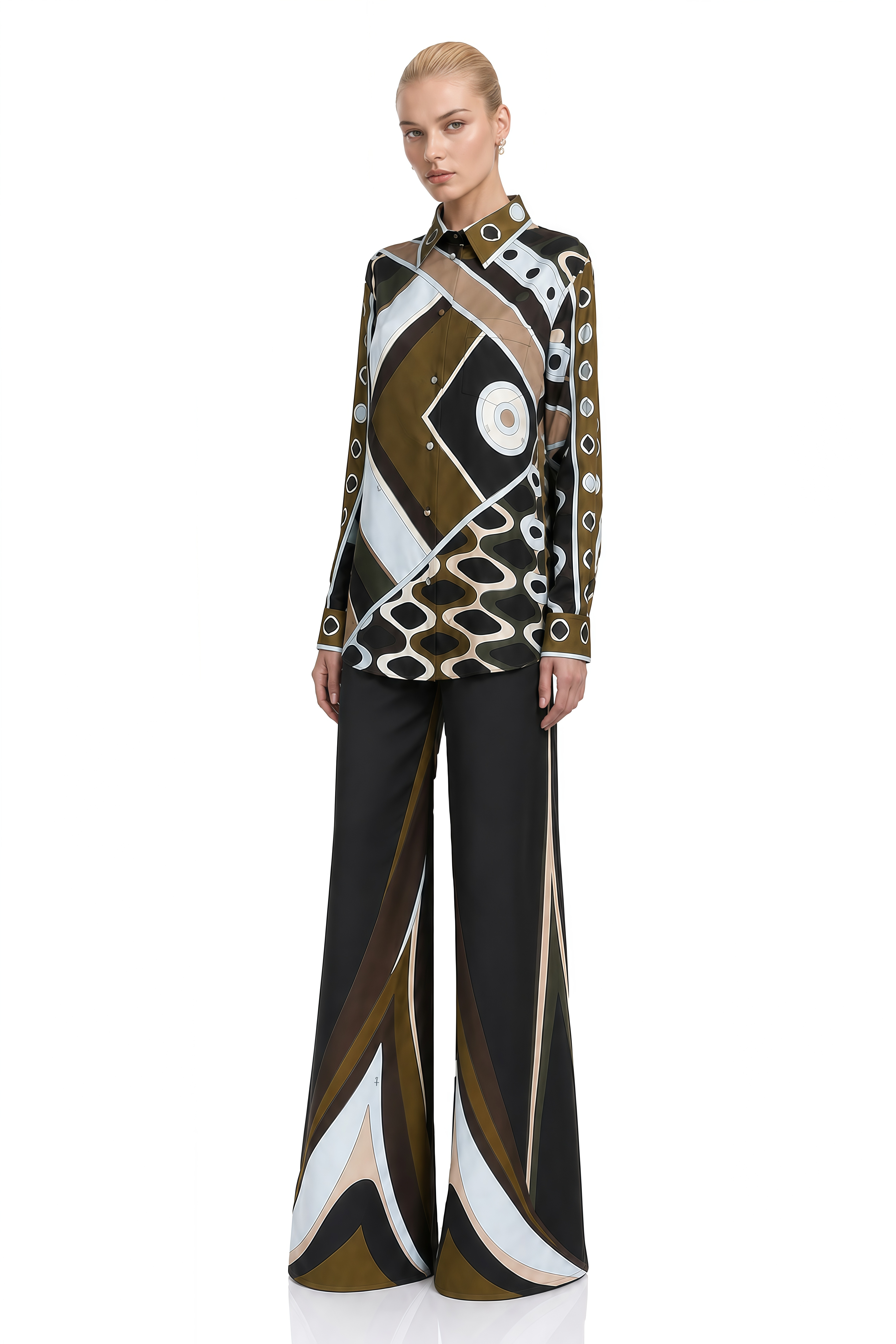 Helena Olive Green Abstract Geometric Print Blouse & Trousers Set