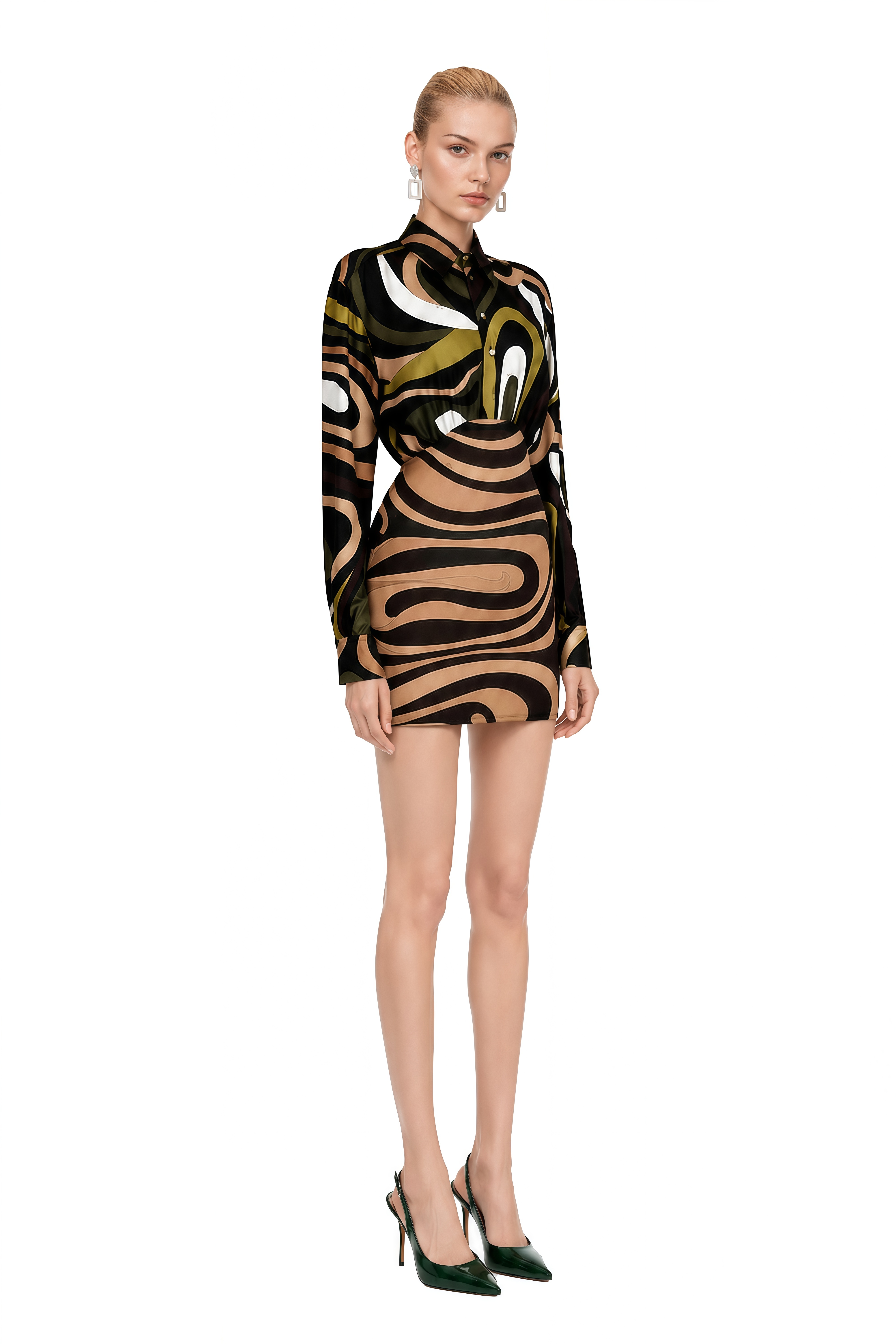 Ophelia Olive Green Abstract Print High-Waist Mini Dress