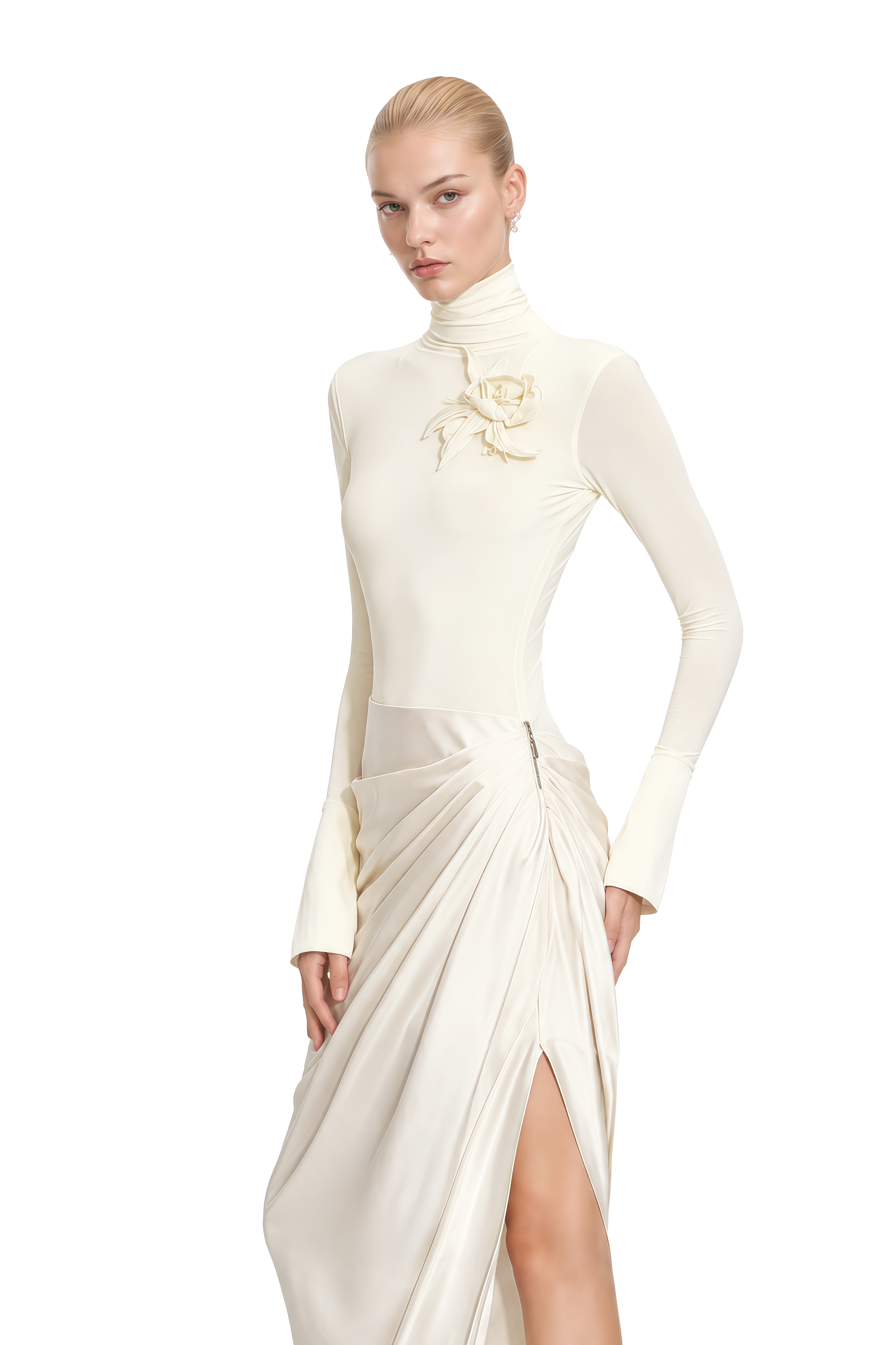 Serenity White Turtleneck Asymmetrical Maxi Dress