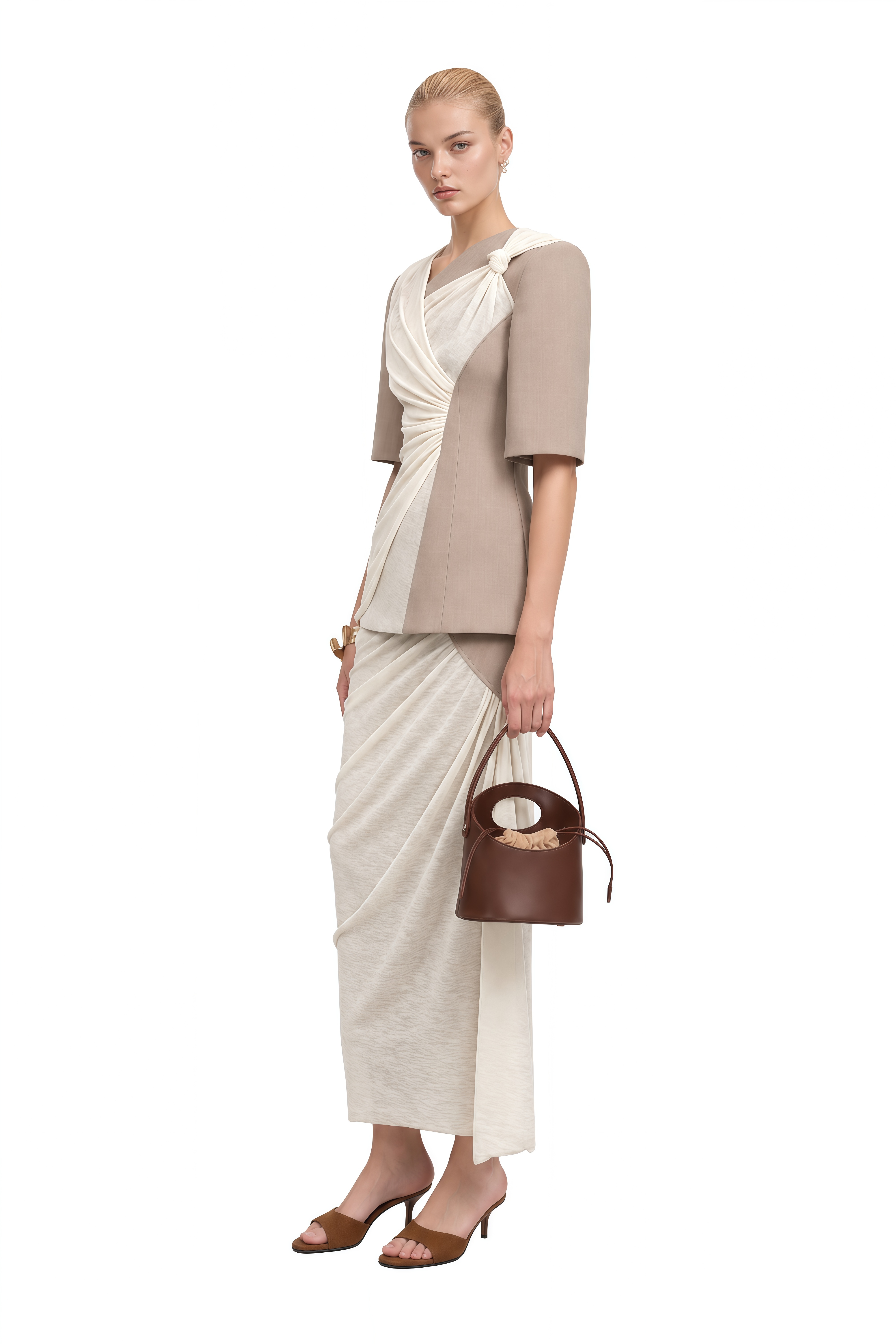 Lydia Ivory Asymmetrical Contrast Panel Top & Skirt Set