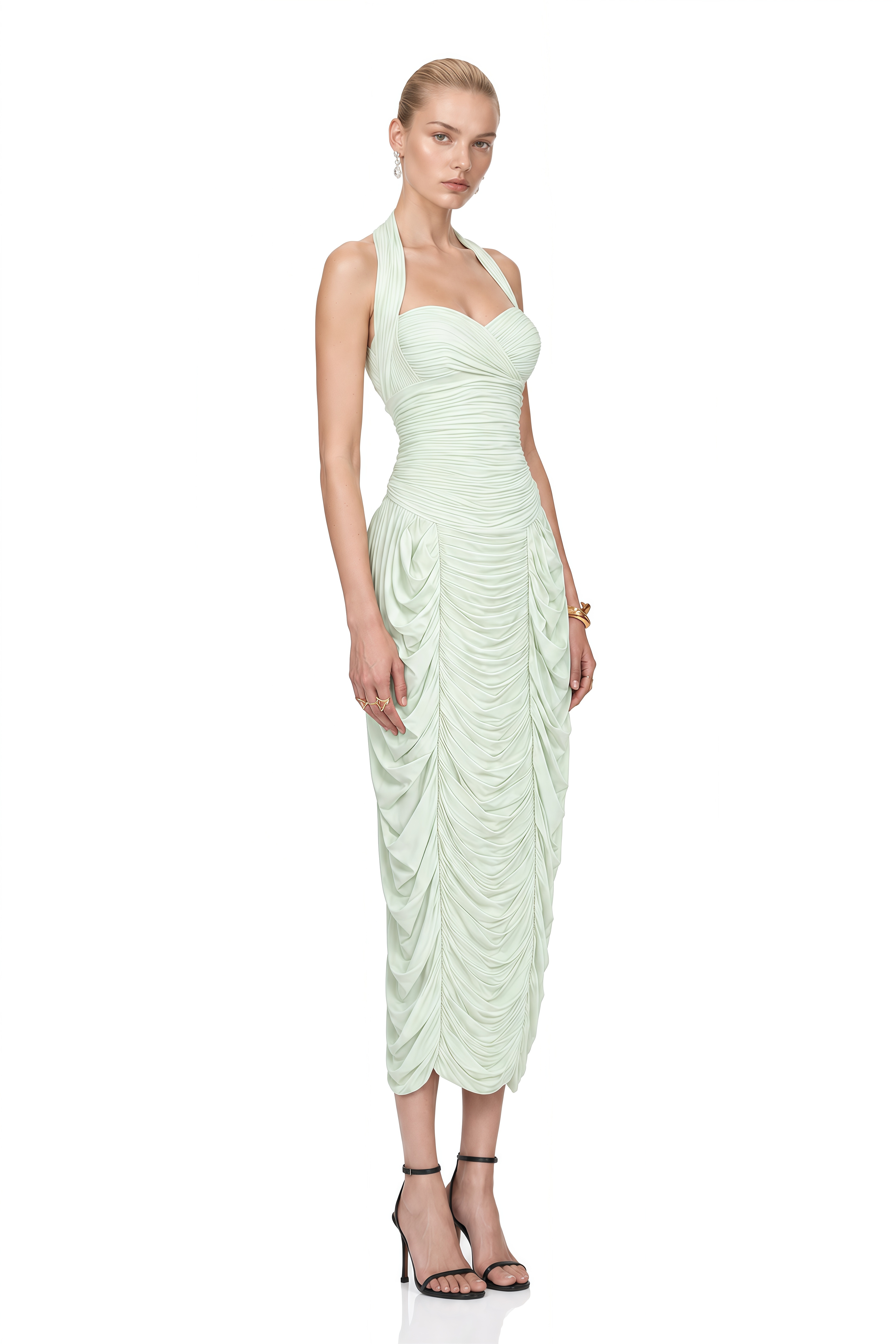 Luna Light Green Halterneck Ruched Midi Dress
