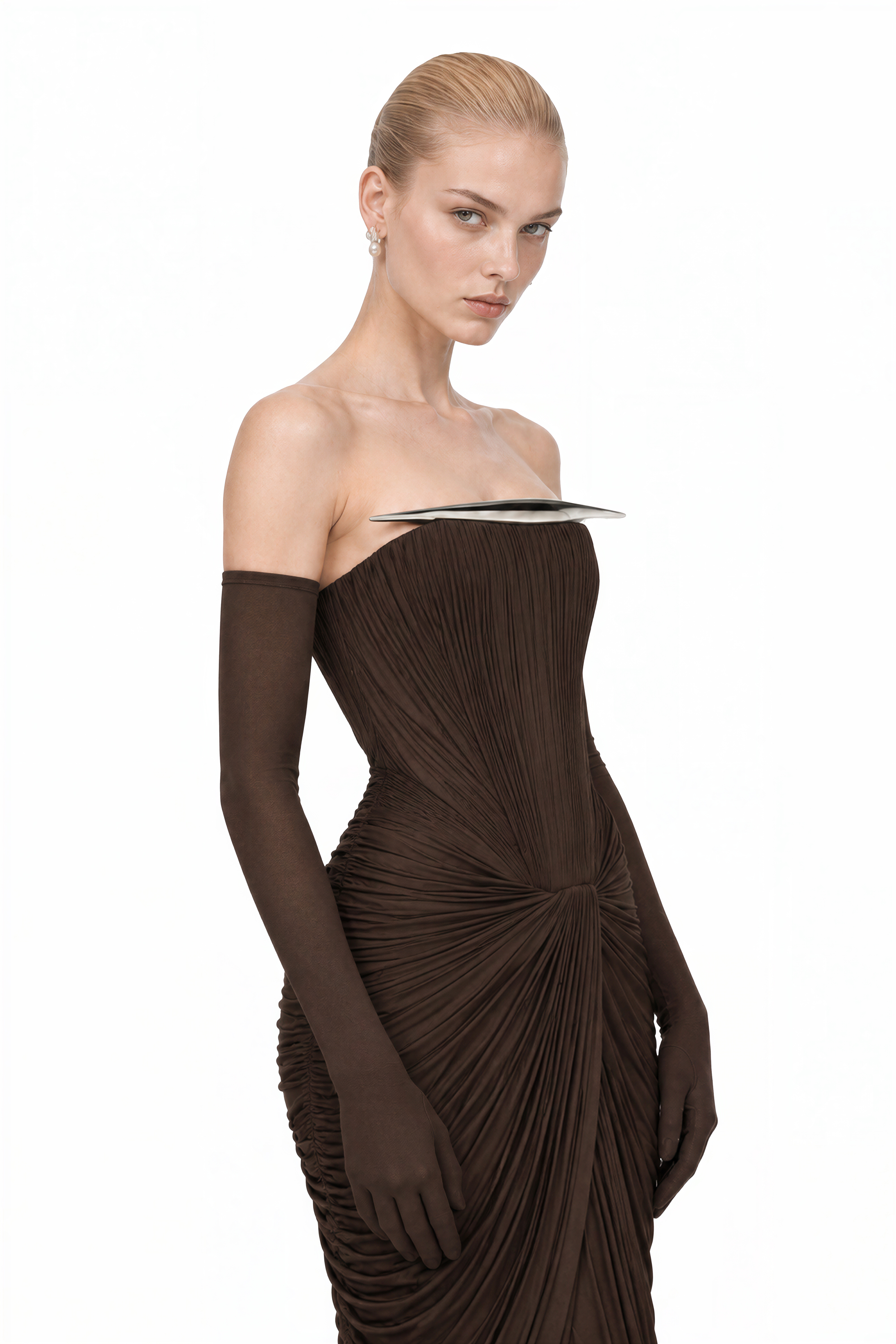 Amelia Brown Off Shoulder Draped Maxi Dress