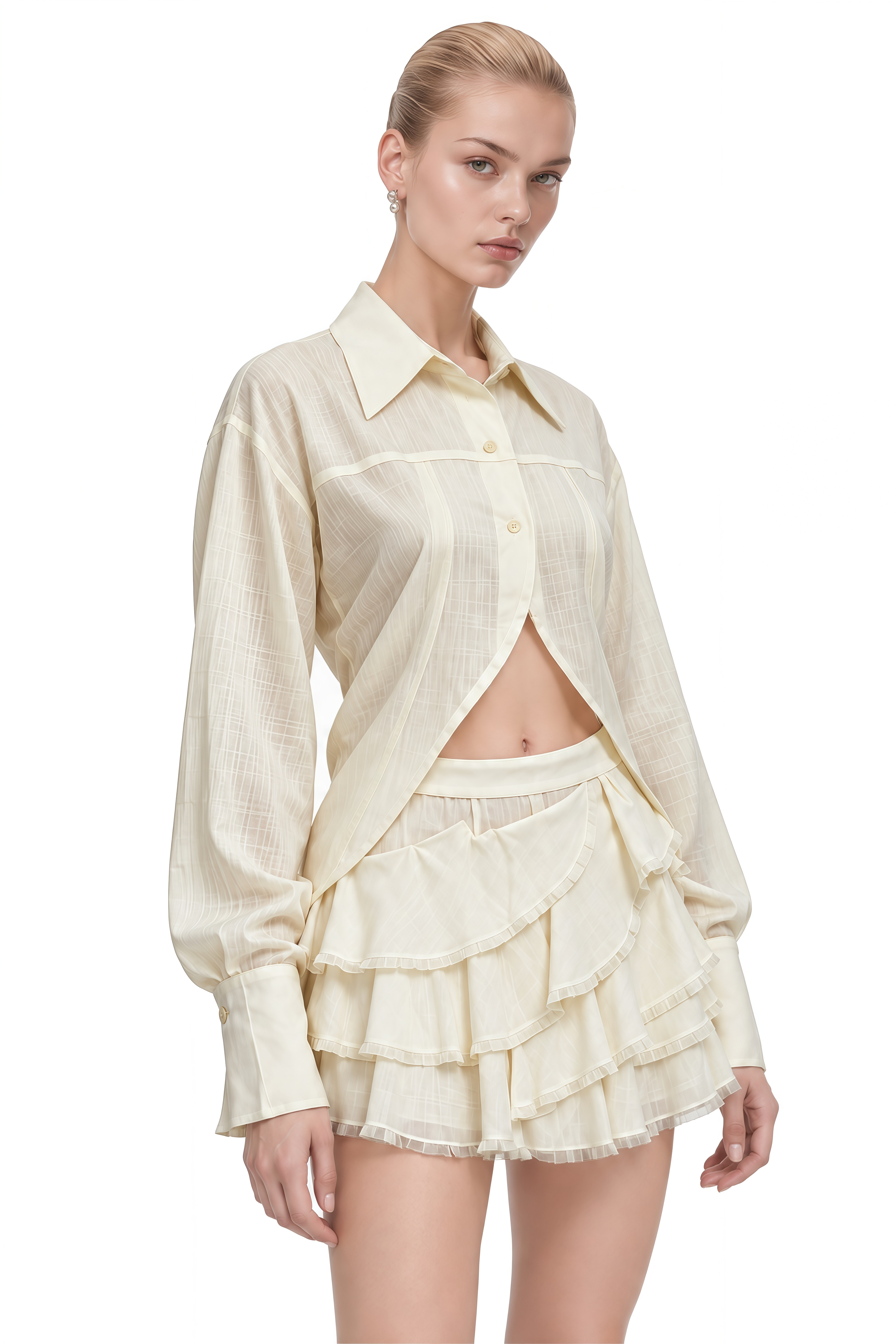 Emerson White Long Sleeves Ruffled Top & Skirt Set