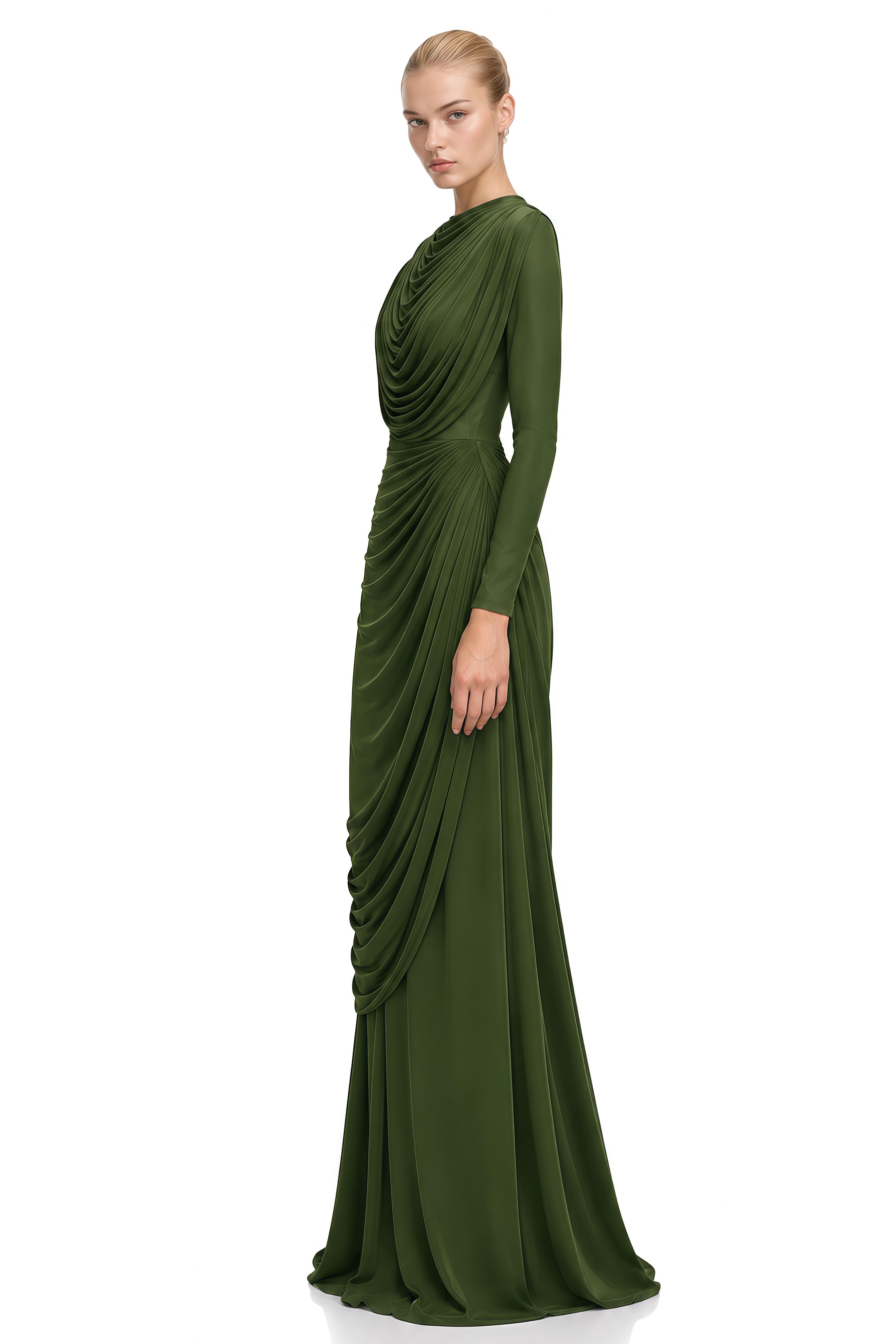 Margaux Olive Green Asymmetric Ruched Maxi Dress