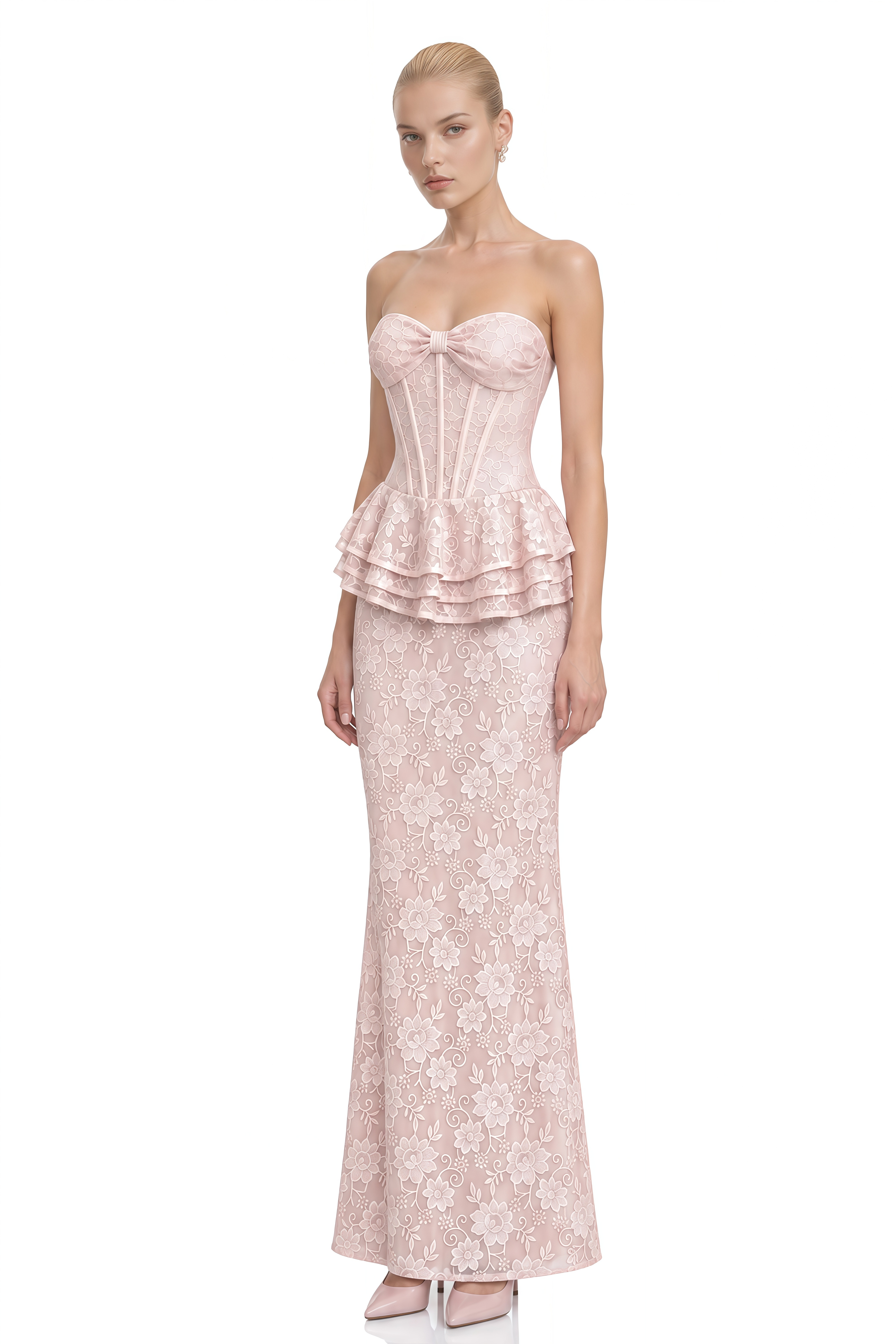 Amelia Pink Strapless Floral Lace Maxi Dress